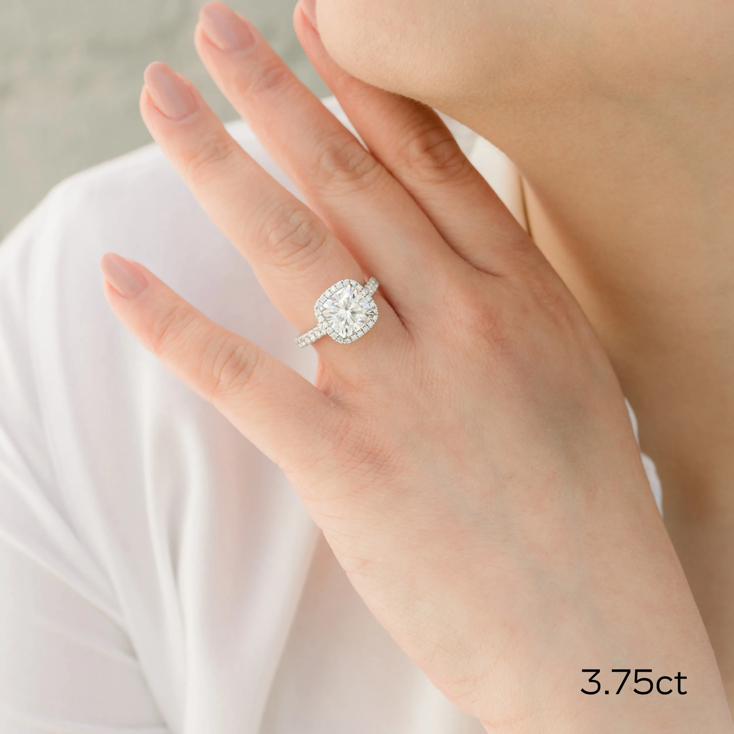platinum cushion cut halo pavé engagement ring with lab diamonds on model design ad 364