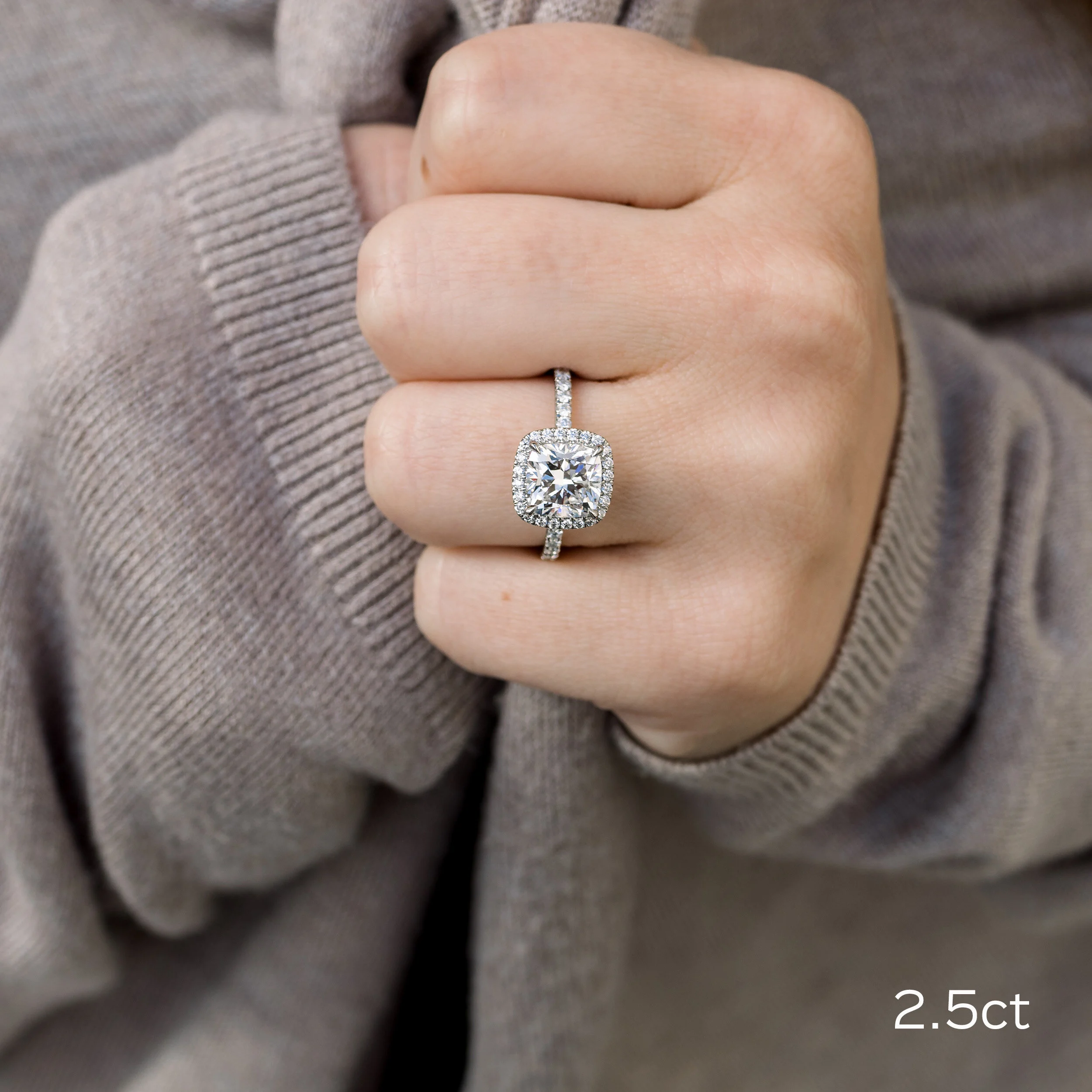2.5 Carat Cushion Cut Lab Created Diamond in Platinum Halo Engagement Ring Setting Ada Diamonds Design AD-364 on model