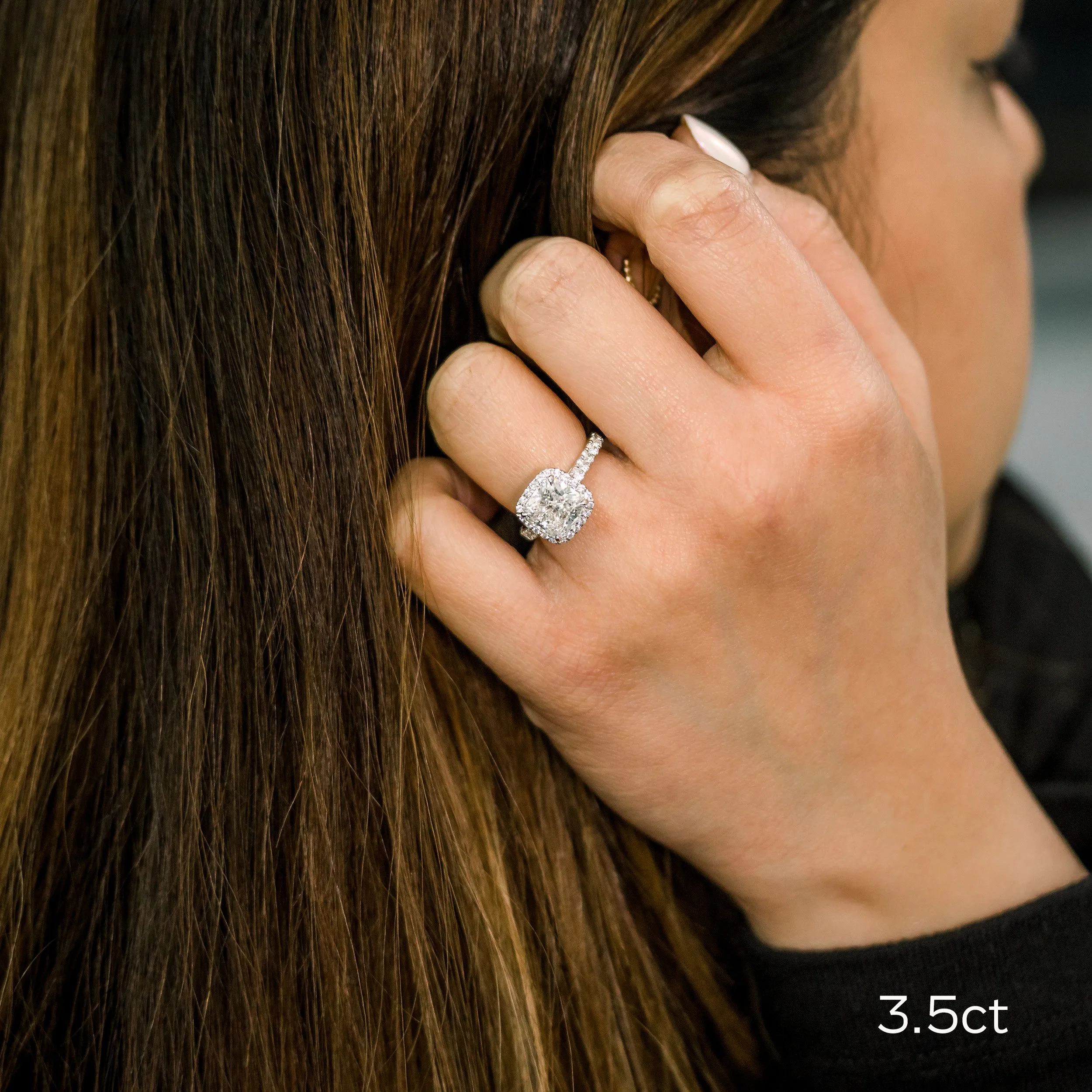 platinum 3.5ct cushion cut lab diamond halo pavé engagement ring in platinum ada diamonds design ad 364 on model