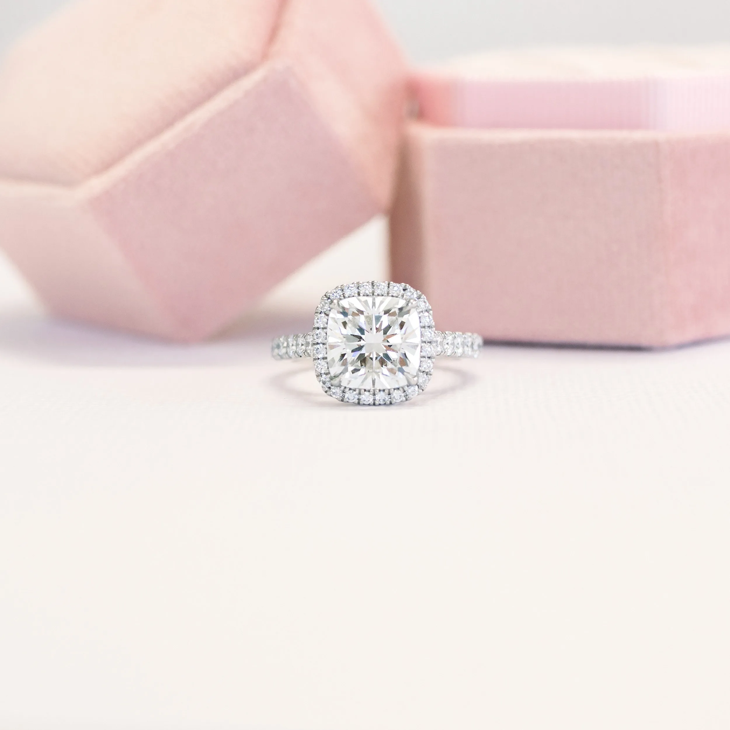 platinum 4 ct cushion cut lab diamond halo engagement ring with pavé diamond band ada diamonds design ad 364 macro