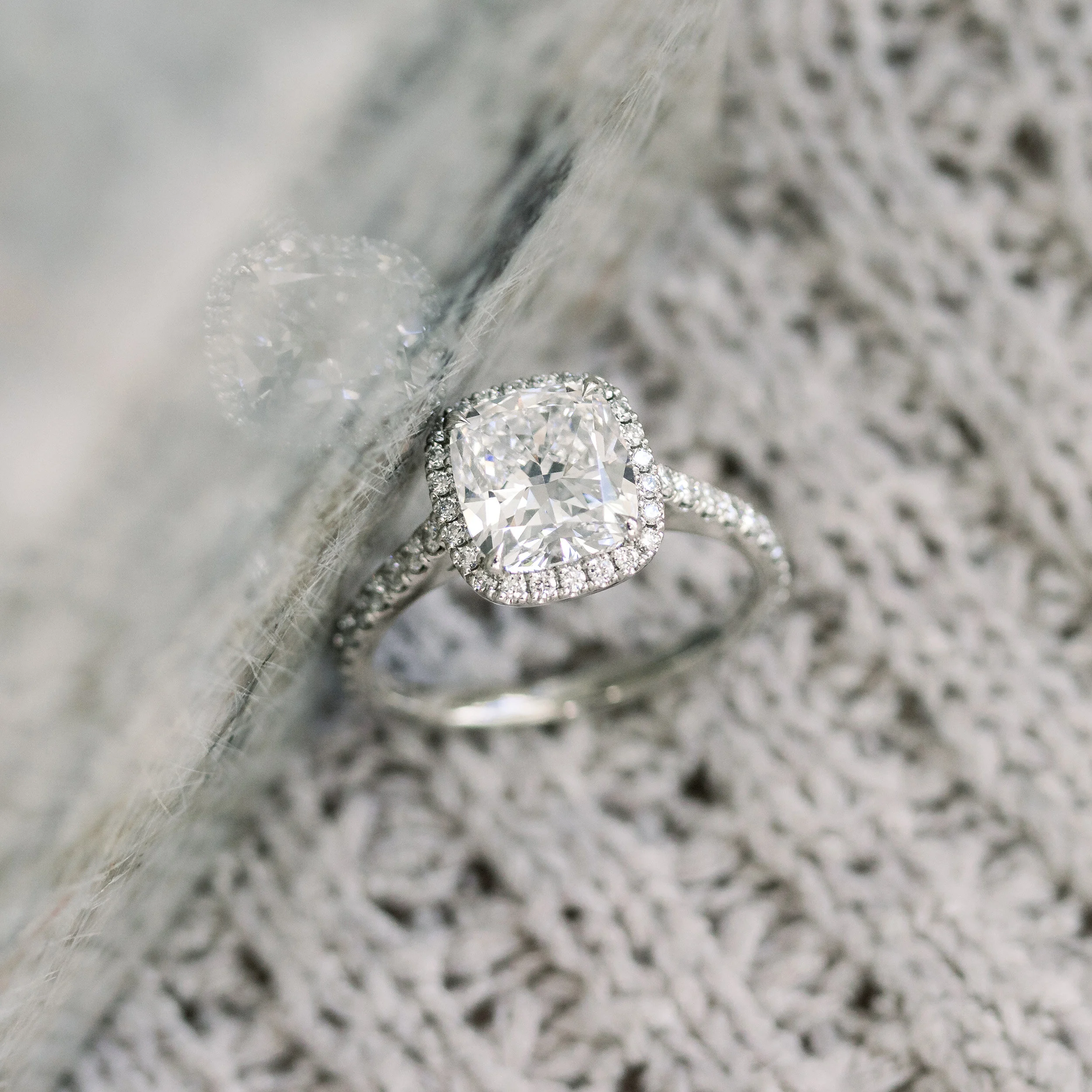 White Gold 1.75ct Cushion Cut Lab Created Diamond Ring with a halo Ada Diamonds Design Ad-364
