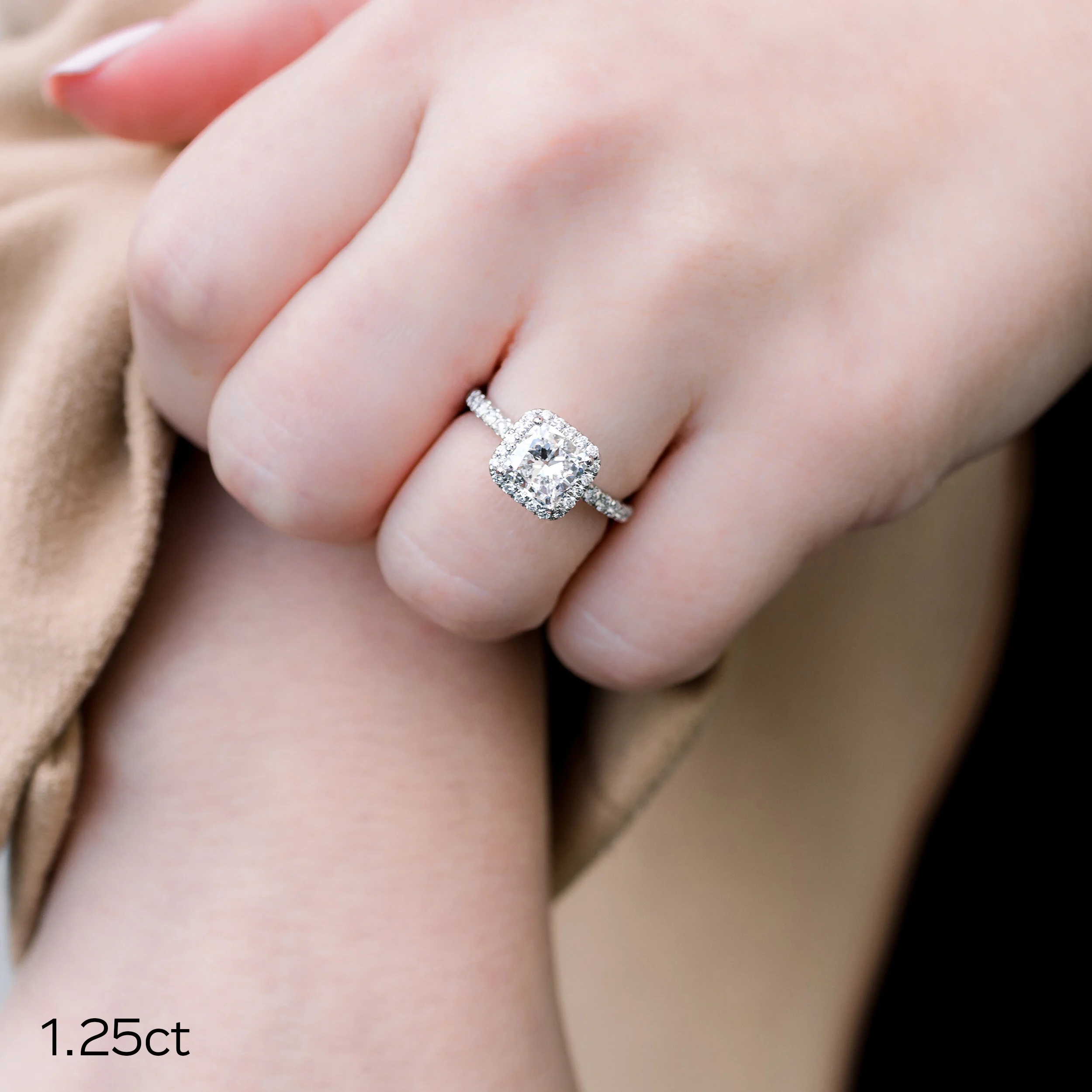 Platinum Halo Engagement Ring with 1.25ct Cushion Lab Diamond Center Ada Diamonds Design AD-364 on Hand