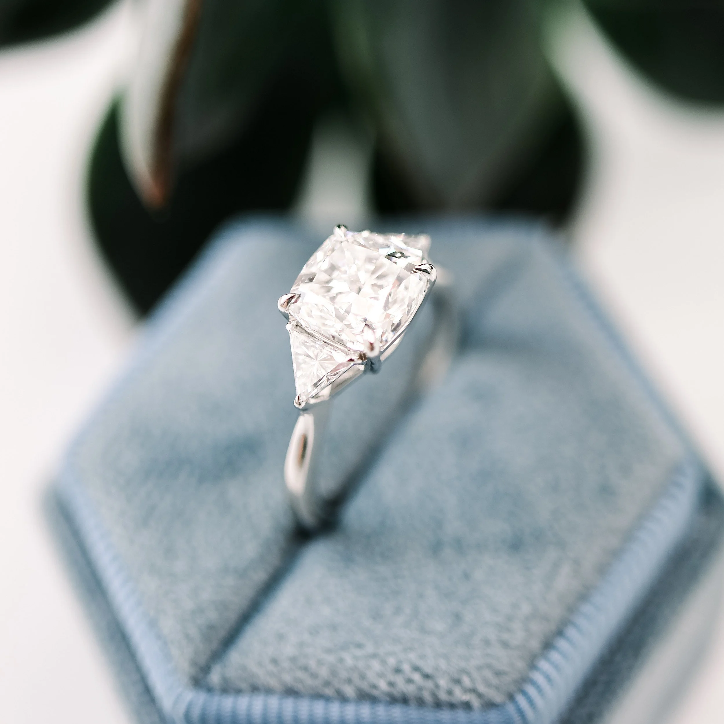 platinum 2 ct cushion cut and trillion three stone lab created diamond engagement ring ada diamonds design ad 472