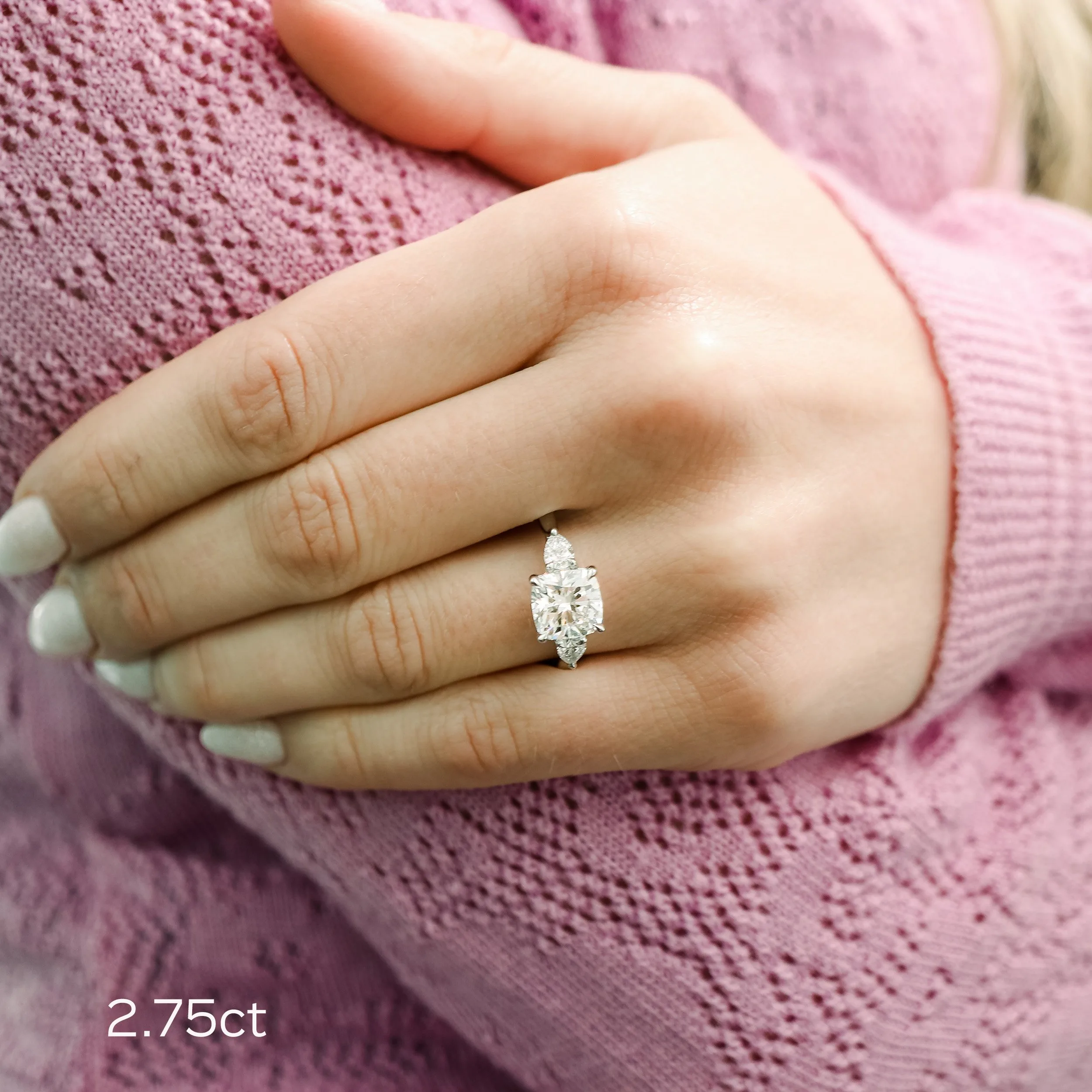 platinum 3ct cushion and pear three stone lab diamond engagement ring ada diamonds design ad473 on model