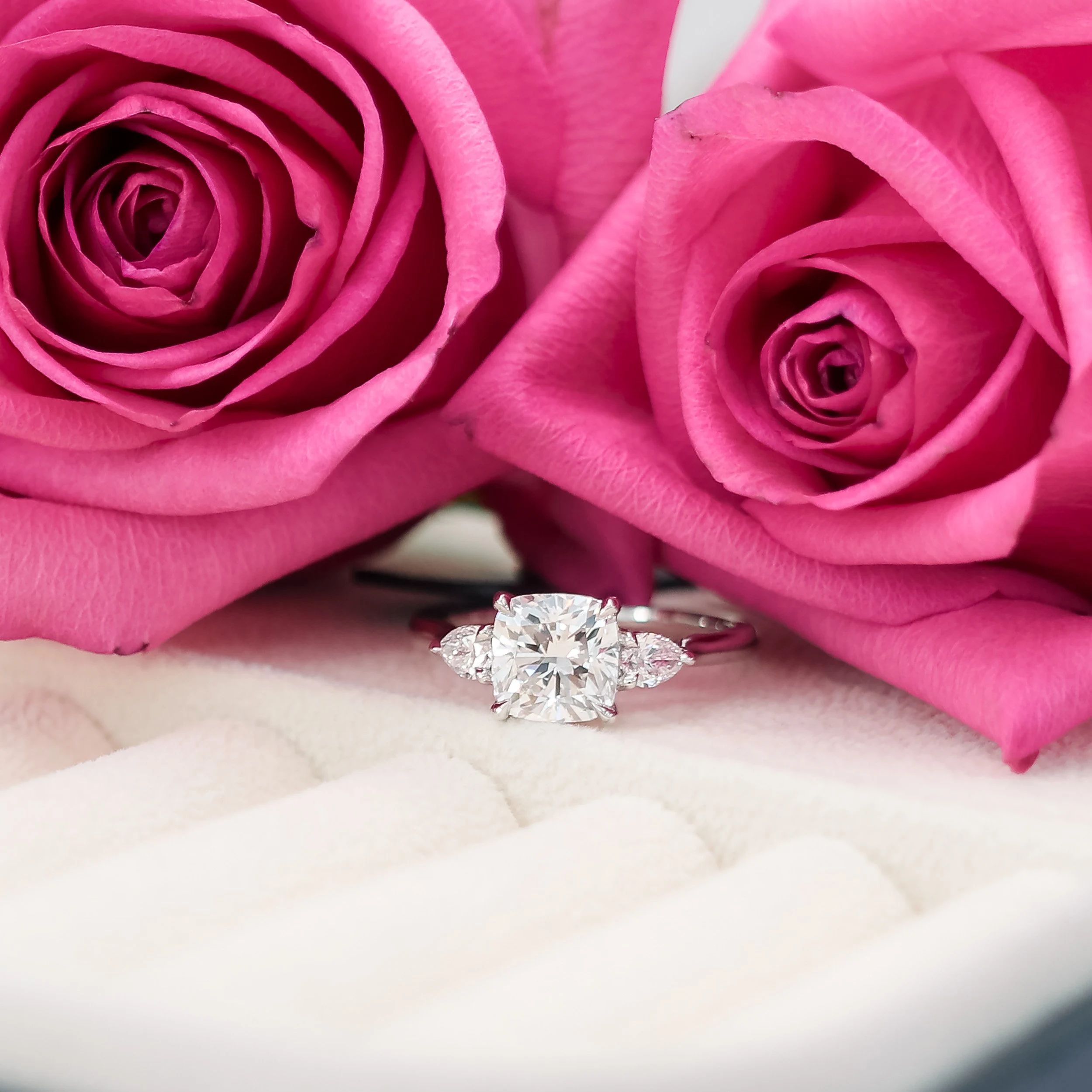 platinum 2.75 carat cushion cut lab diamond engagement ring with pear side stones ada diamonds design ad 473 artistic