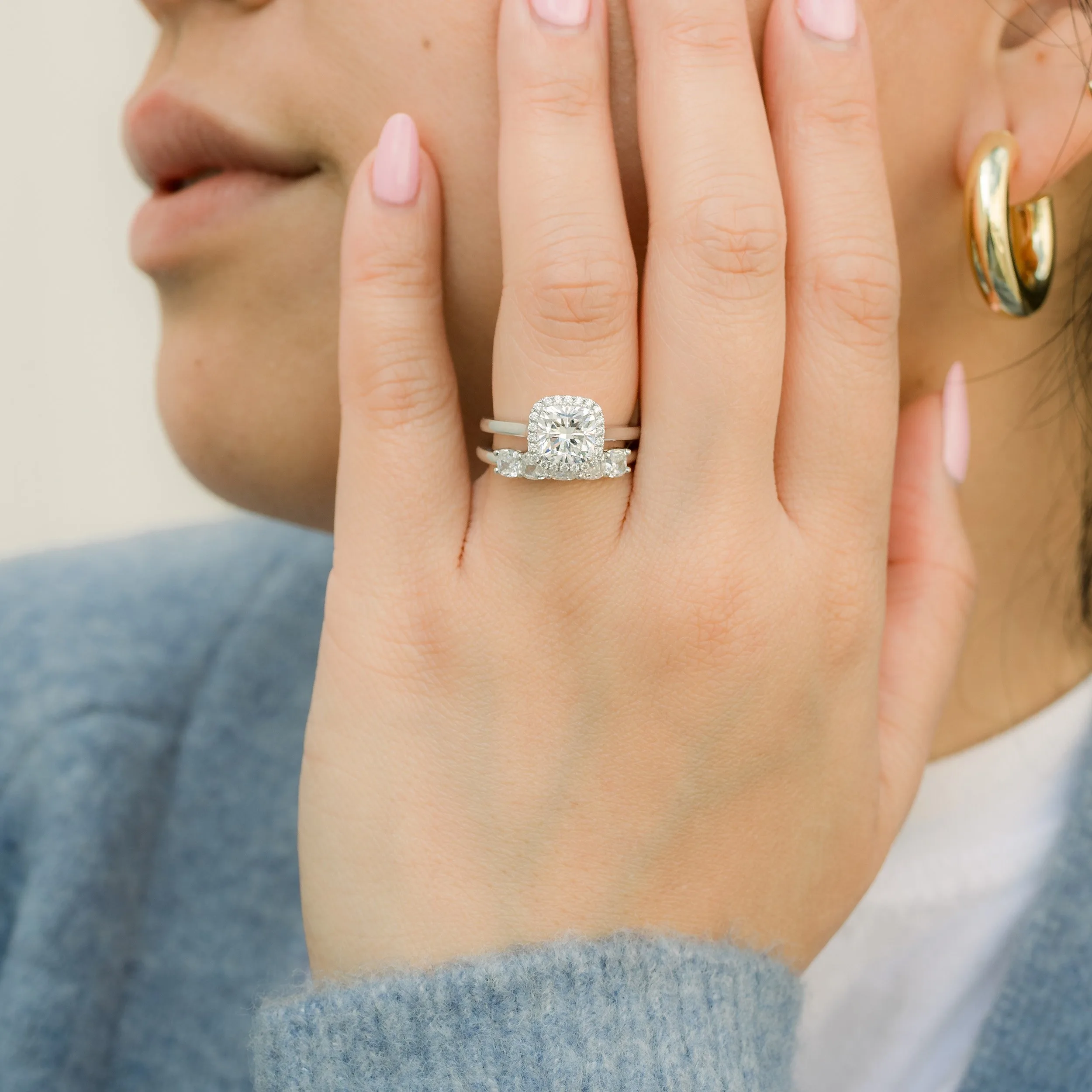 platinum cushion cut halo engagement ring with cushion wedding band ada diamonds design ad 365 on model