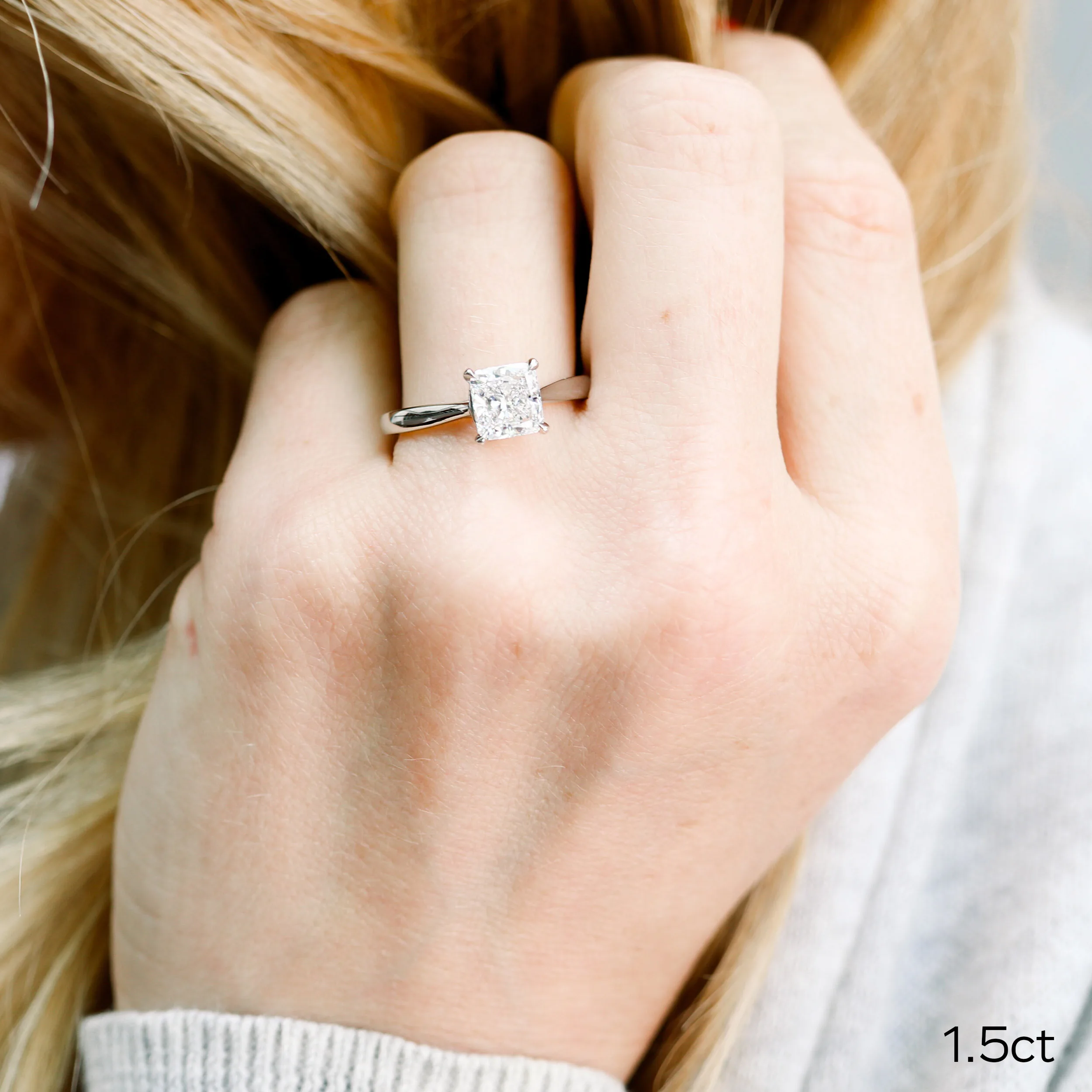 Platinum Cushion Trellis Solitaire Diamond Engagement Ring featuring High Quality 1.5 ct Lab Diamonds (Main View)