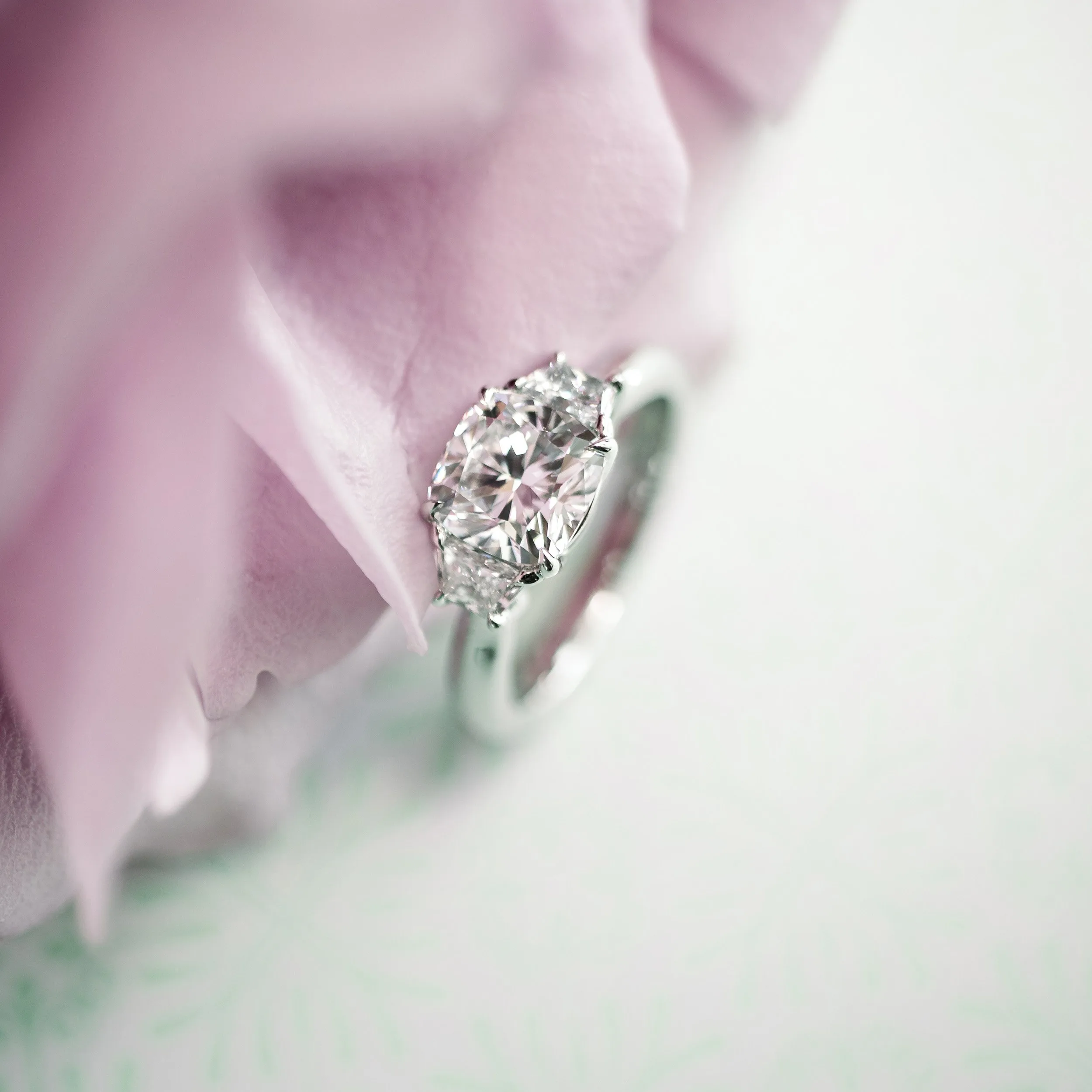 platinum 2.5 carat cushion and trapezoid engagement ring with manmade diamonds ada diamonds design ad475