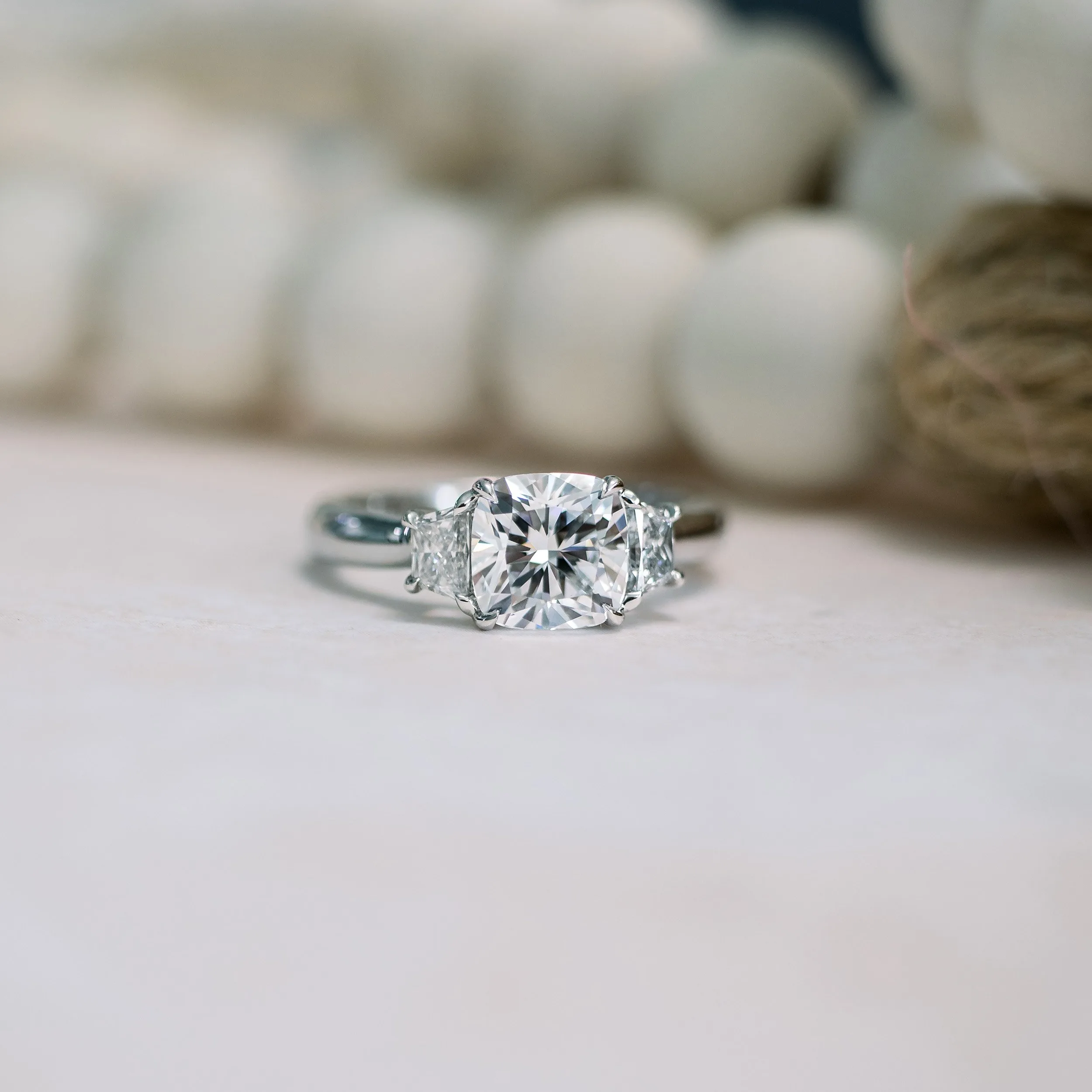 platinum three stone lab diamond engagement ring with 2 carat cushion cut three tone and trapezoid lab diamond engagement ring ada diamonds design ad 475