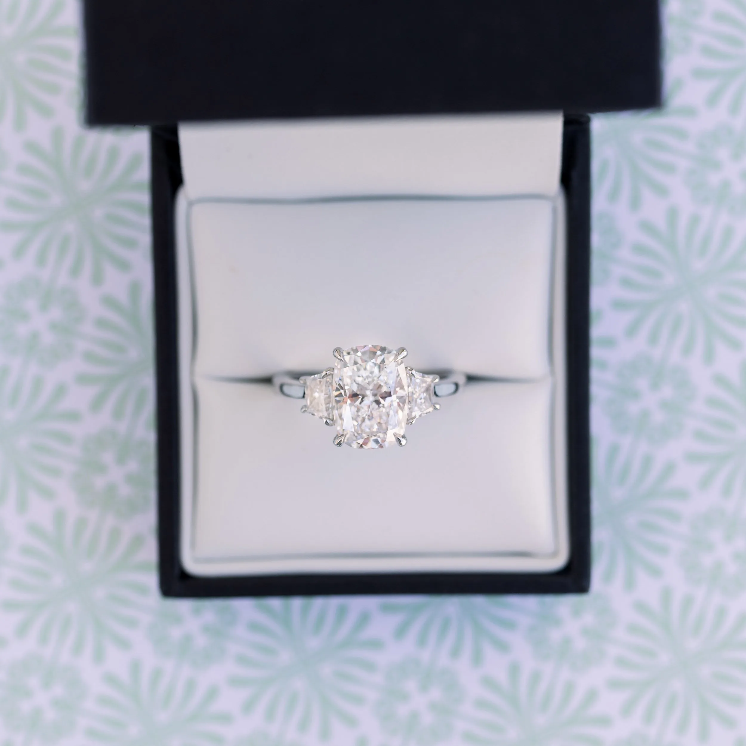 platinum 3 carat cushion cut lab diamond engagement ring with trapezoid side stones ada diamonds design ad 475 macro