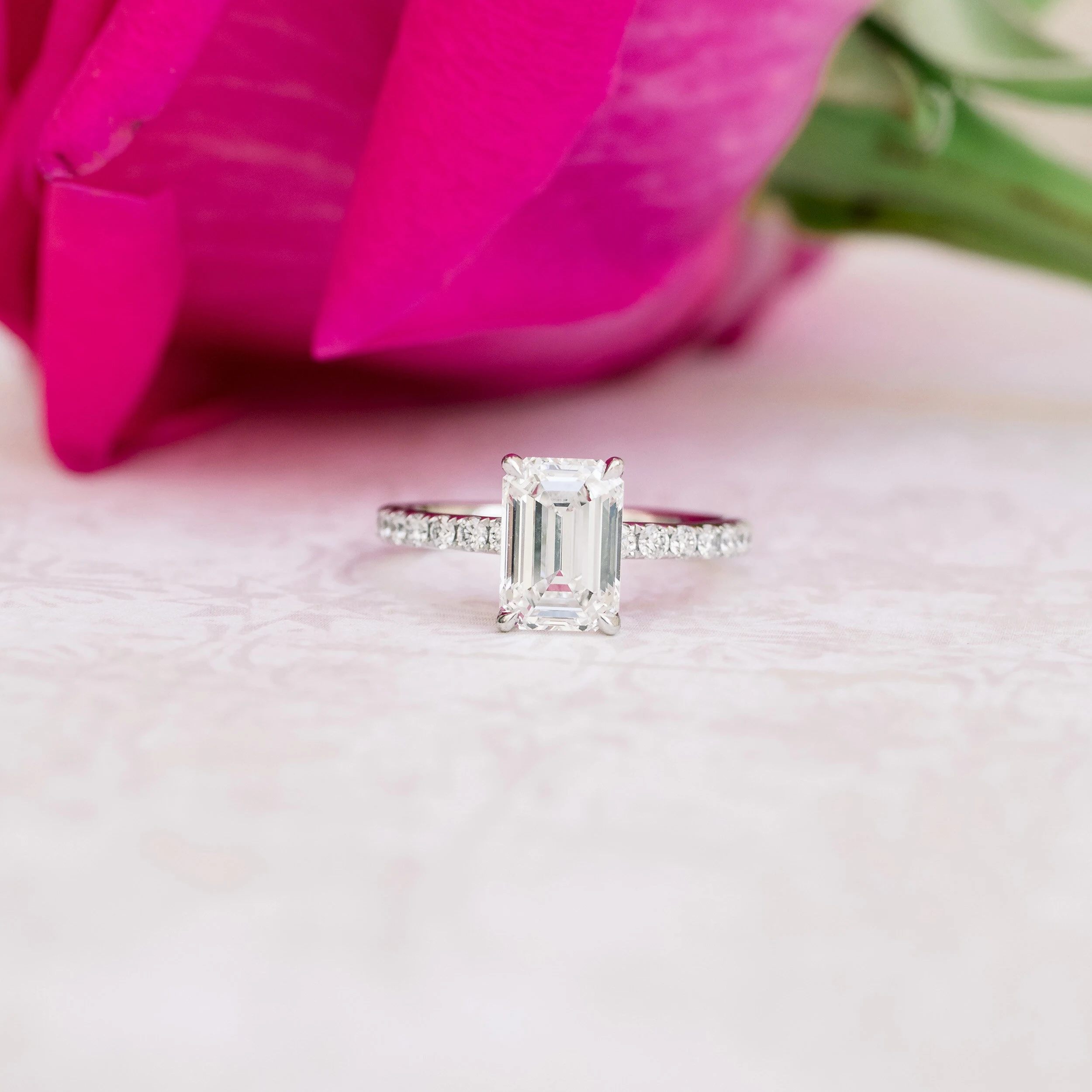 White Gold 2ct Emerald Cut Lab Diamond Classic Pavé Engagement Ring Ada Diamonds Design AD-351 Macro