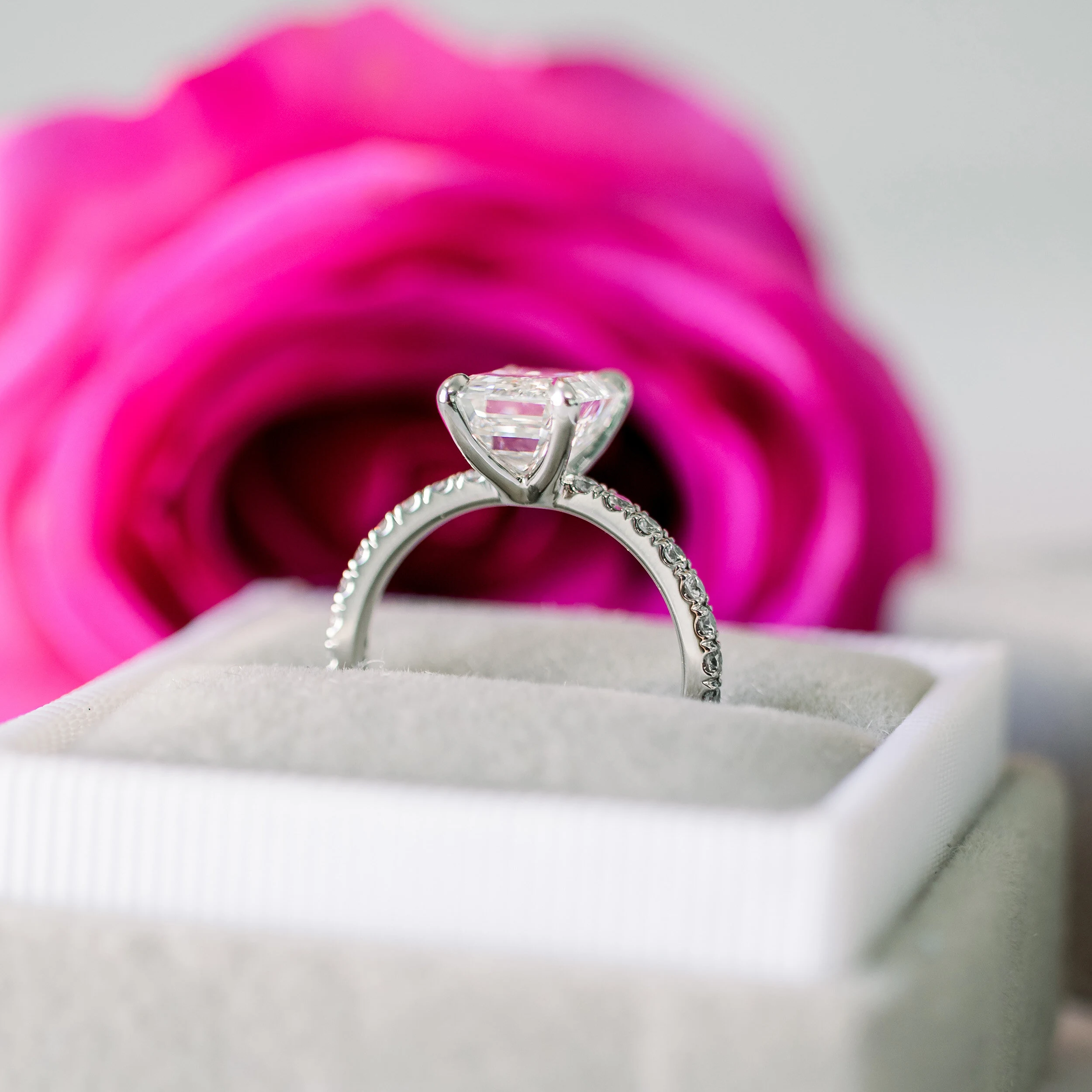 Platinum 2 Carat Emerald Cut Lab Created Diamond Classic Pavé Engagement Ring Ada Diamonds Design AD-351 Profile