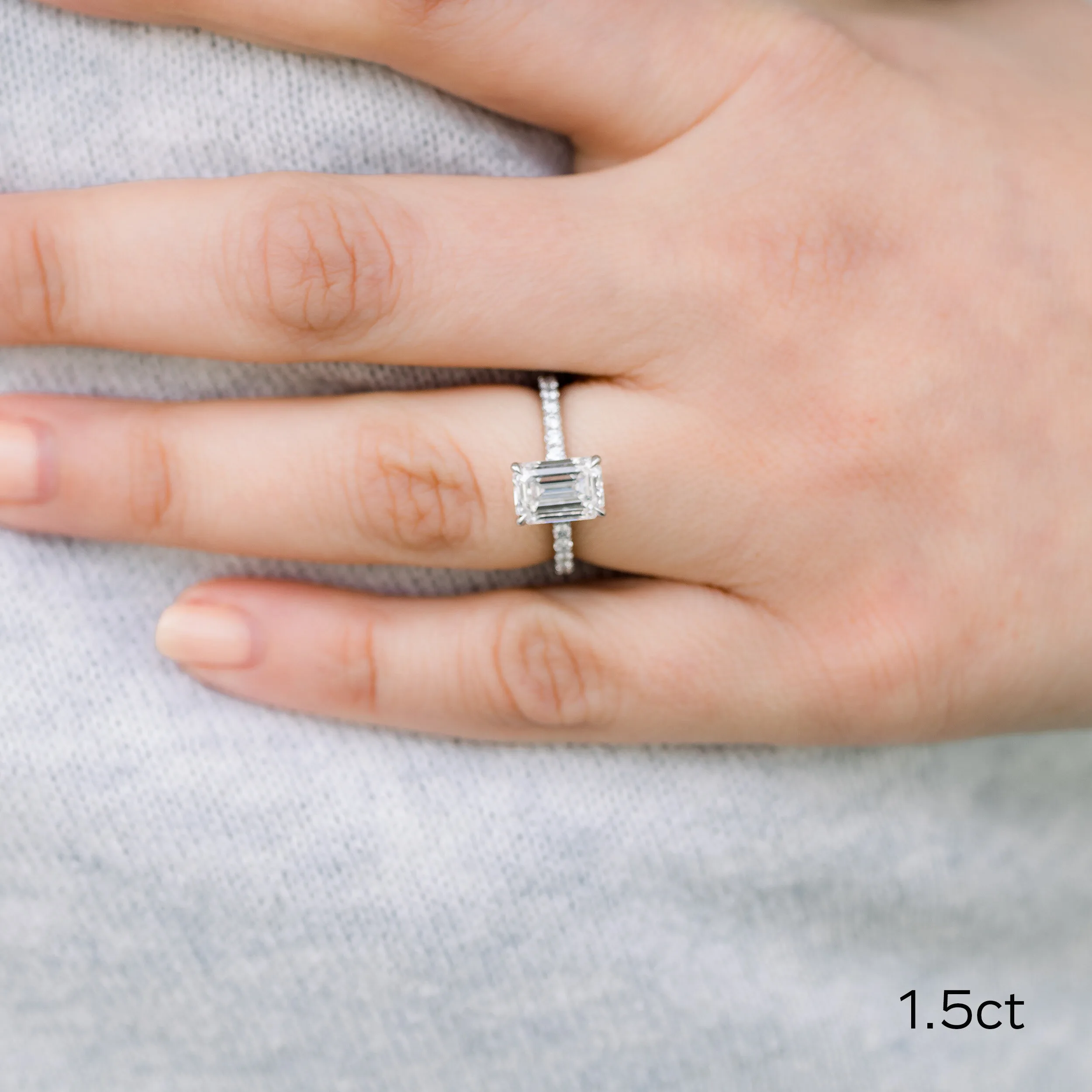 14k White Gold 1.5 Carat Emerald Cut Classic Pavé Engagement Ring Ada Diamonds Design AD-351 on Model