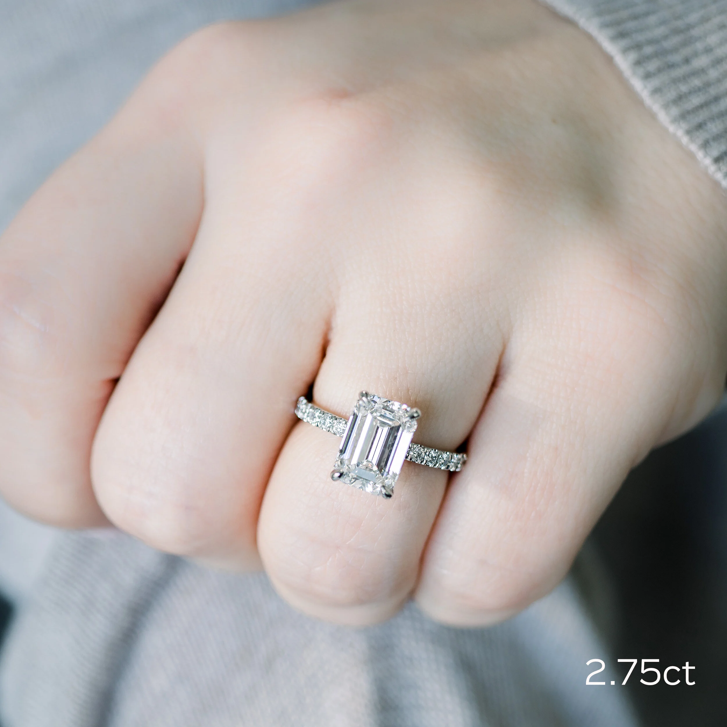 3 Carat Emerald Cut Engagement Ring with Diamond Band made with Lab Diamonds Ada Diamonds Design AD-351 on Model