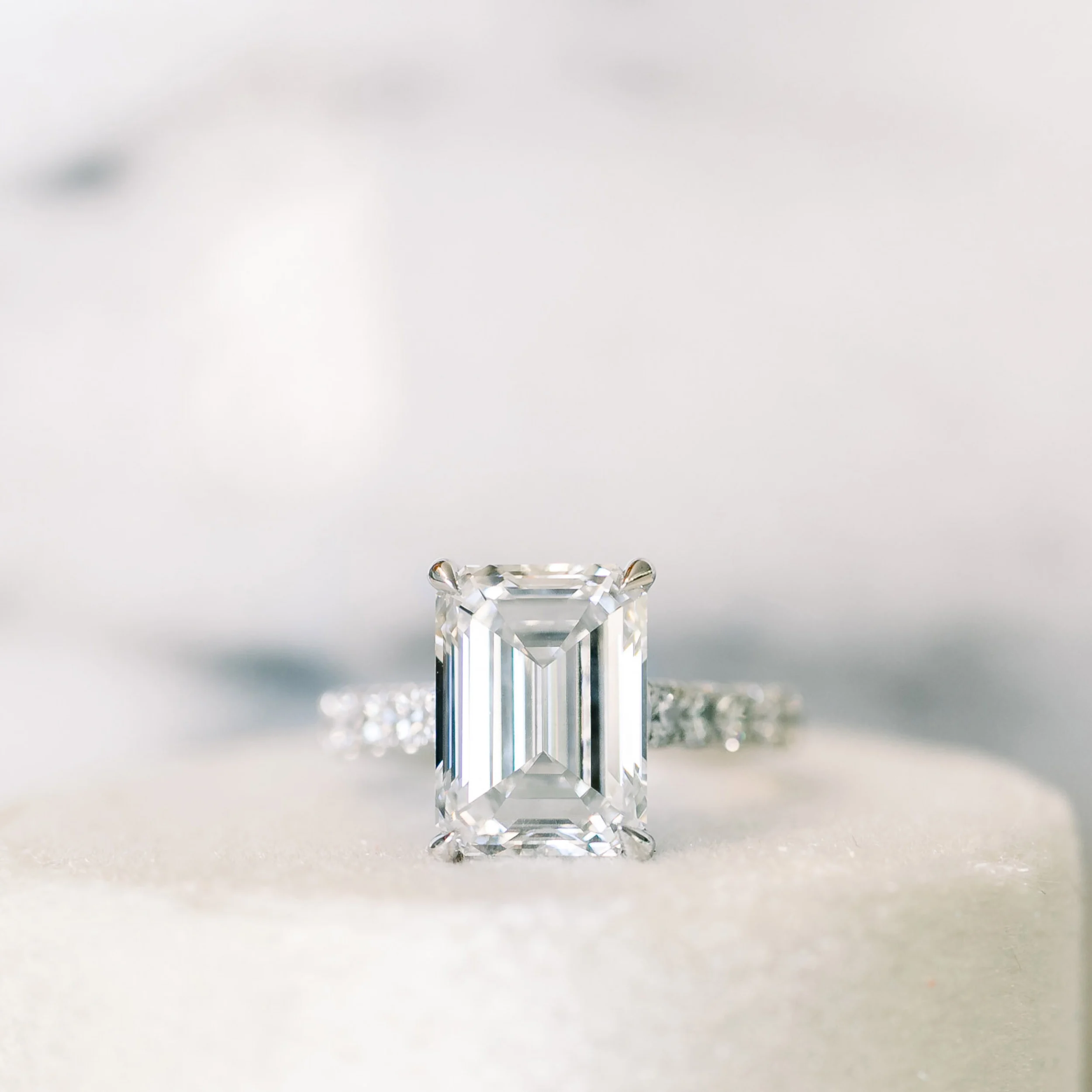 Platinum 2.5 Carat Emerald Cut Lab Diamond Ring with Diamond Band High Profile Ada Diamonds Design AD-352