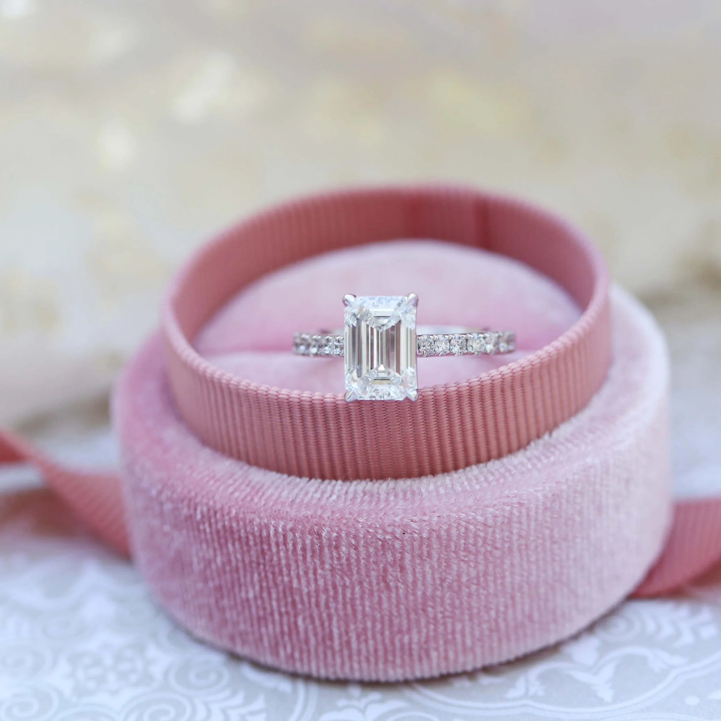 18k White Gold 2ct Emerald Cut Pavé Engagement Ring Made with Lab Diamonds Ada Diamonds Design AD-352 Macro