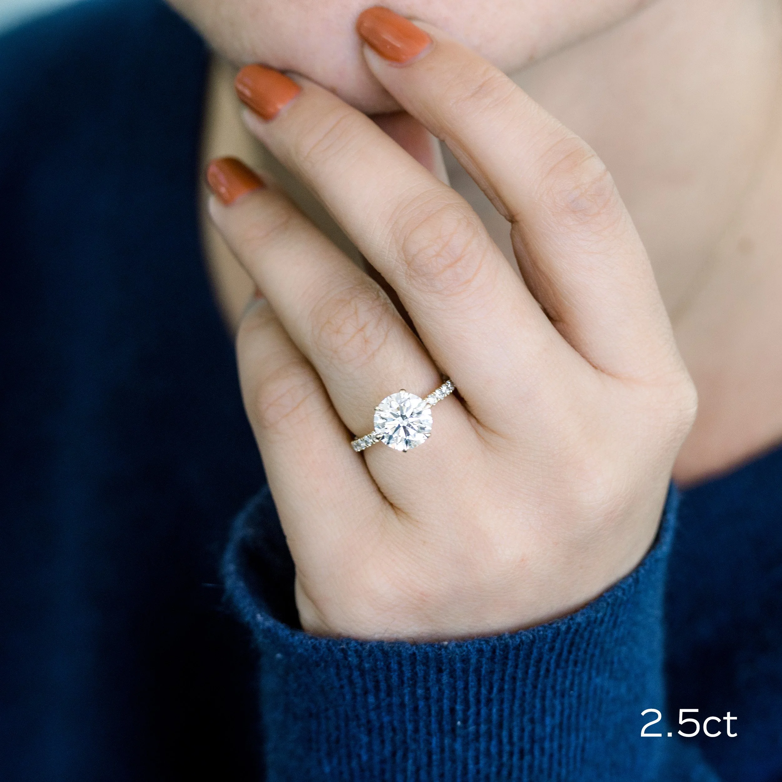 14k yellow gold 3 carat round lab diamond engagement ring with diamond band and diamond collar ada diamonds design ad 244 on model