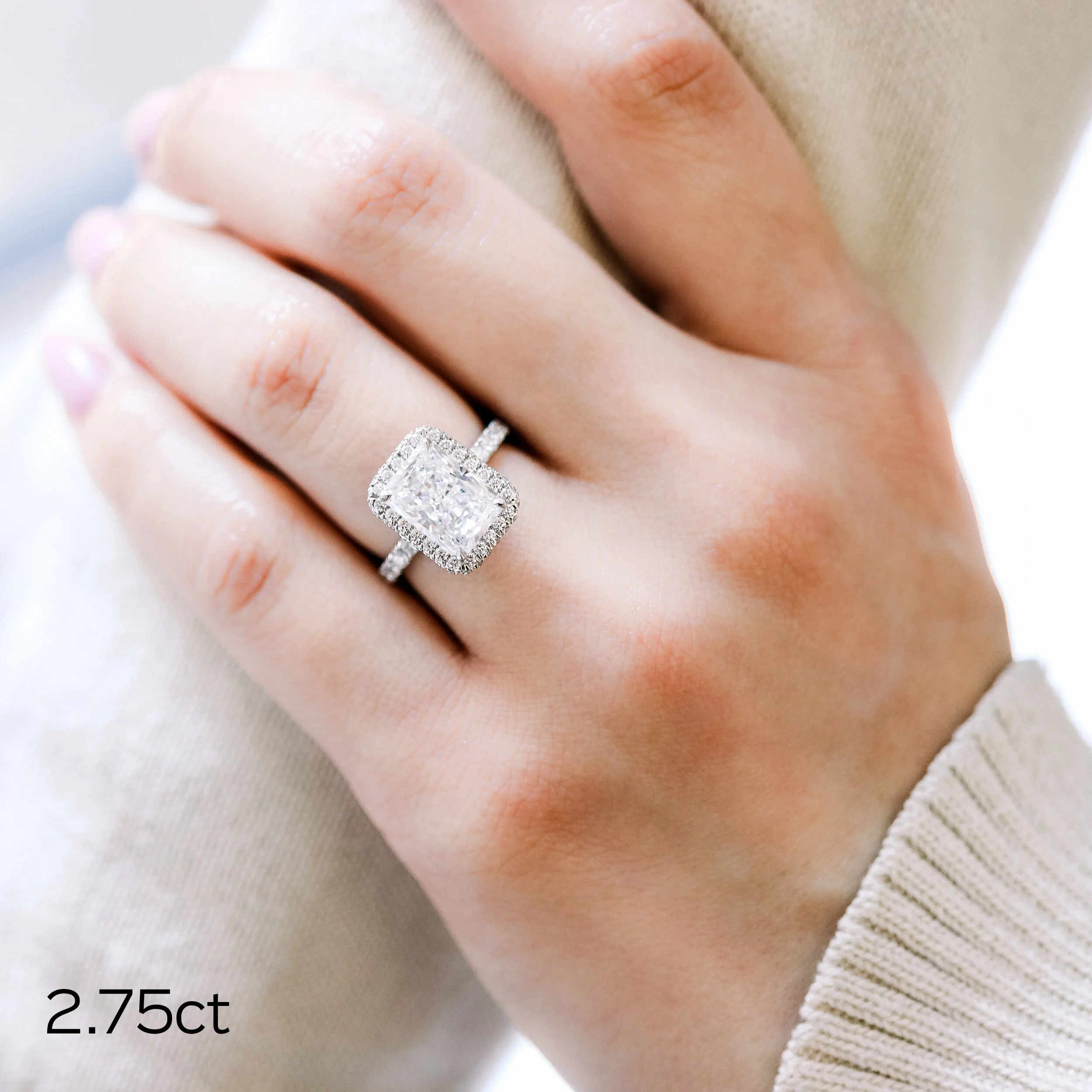 platinum 3 carat radiant lab diamond in double sided halo ring ada diamonds design ad-213 on model