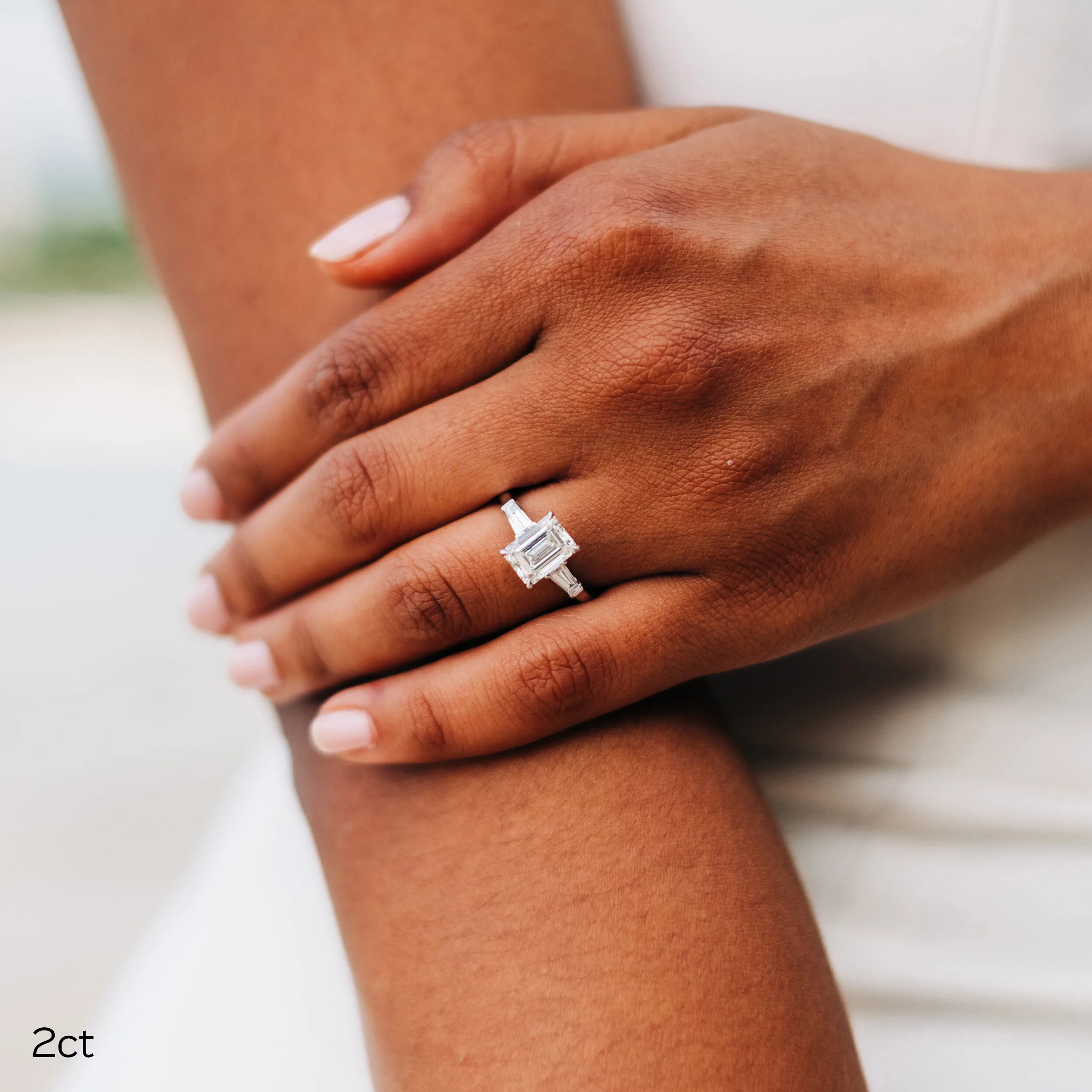 2 carat emerald cut lab made diamond three stone engagement ring