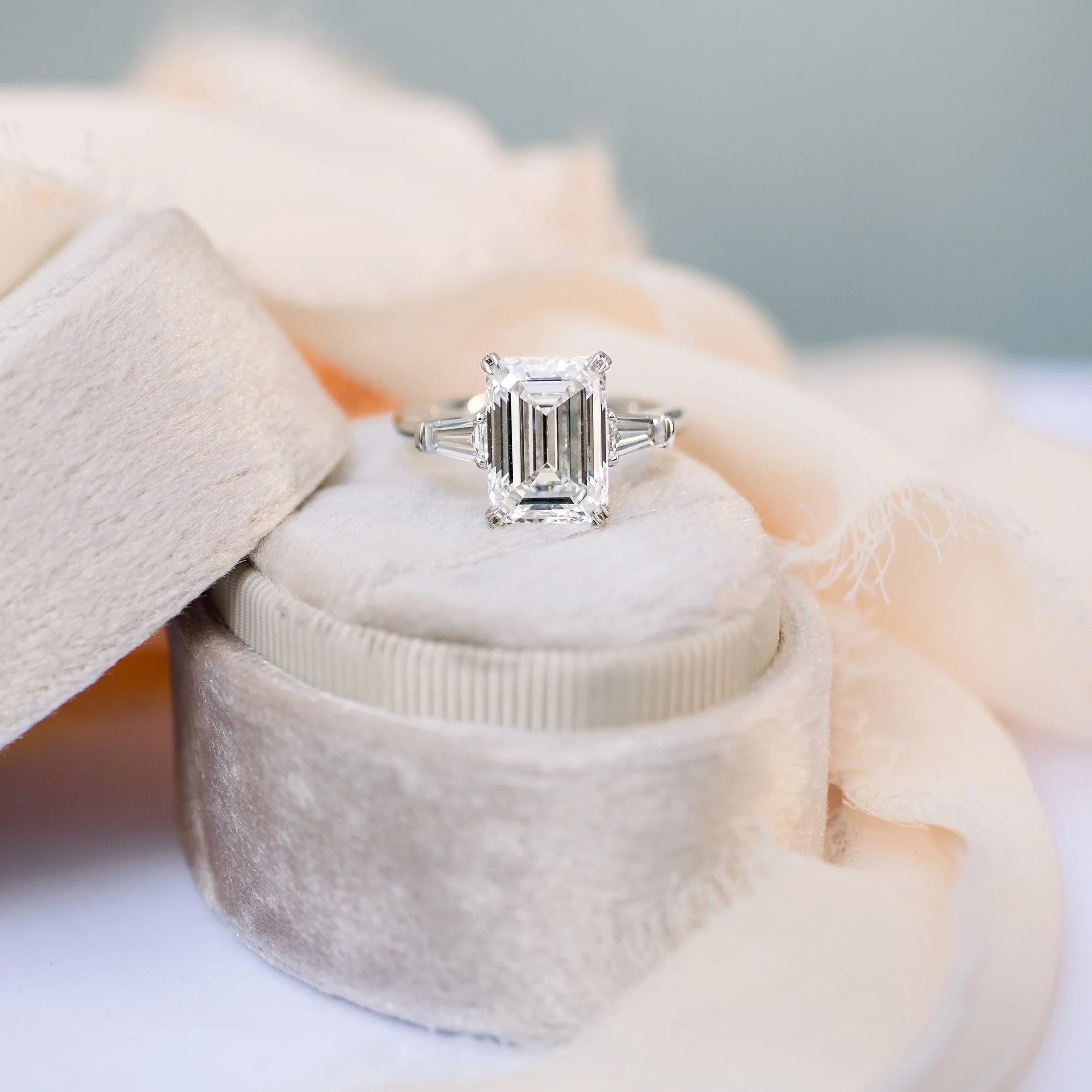 platinum 5 carat emerald cut lab diamond engagement ring with baguette side stones ada diamonds design ad 464