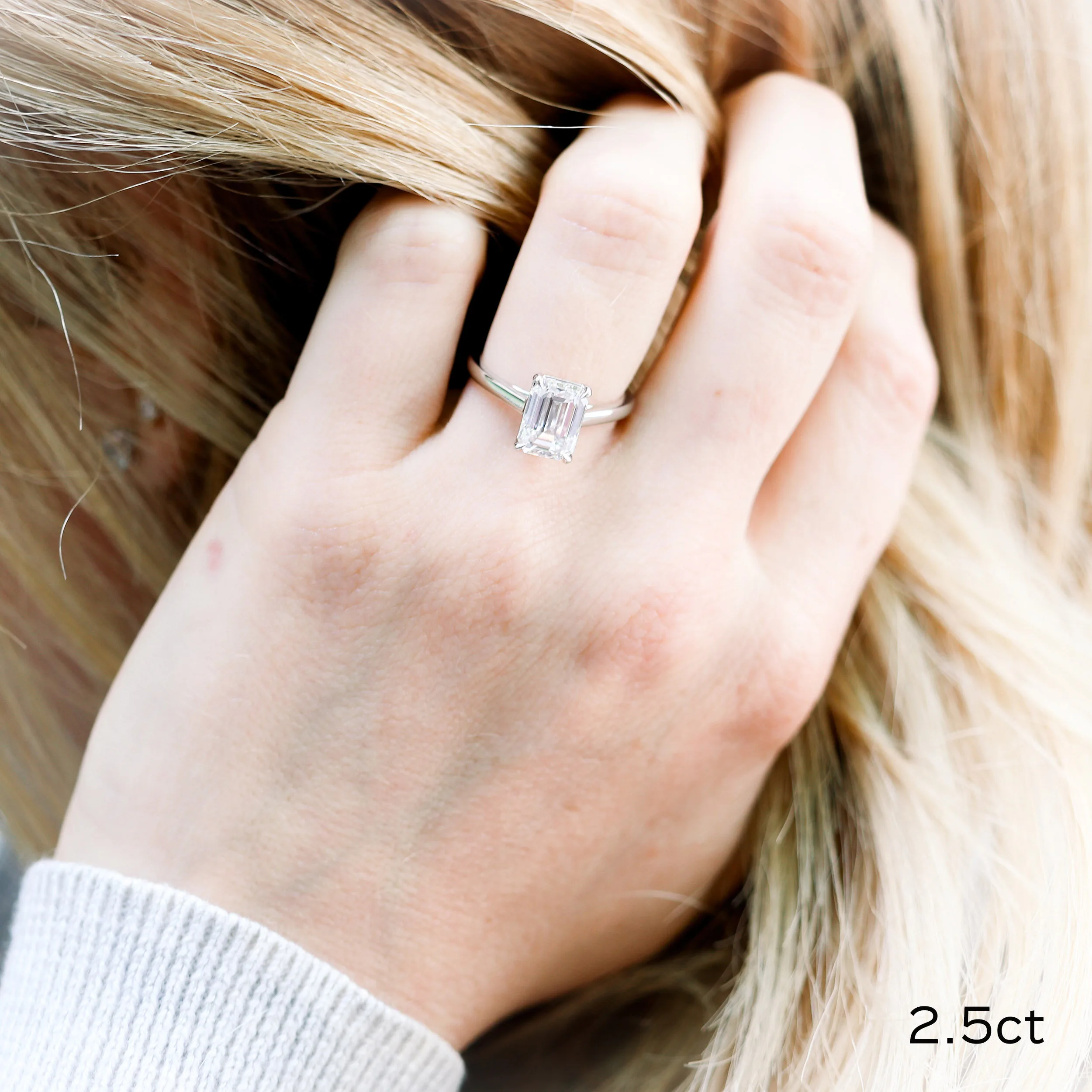 Platinum 2.5 Carat Emerald Cut Cathedral Solitaire Lab Diamond Engagement Ring On Model Ada Diamonds Design AD068