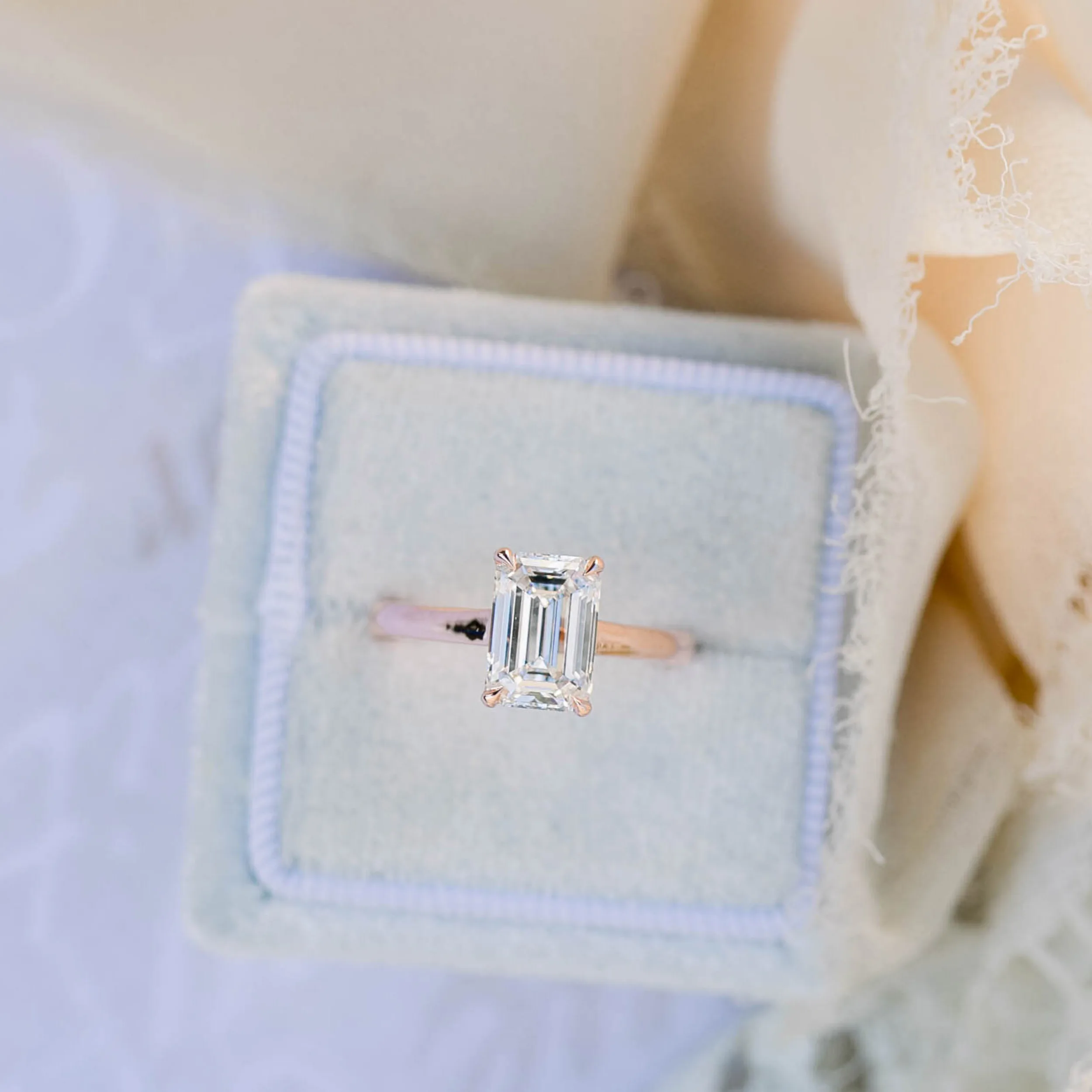 14k Rose Gold Cathedral Solitaire Engagement Ring with 1.5 Carat Emerald Cut Lab Created Diamond Ada Diamonds Design Number AD-068 Artistic Image in White Box