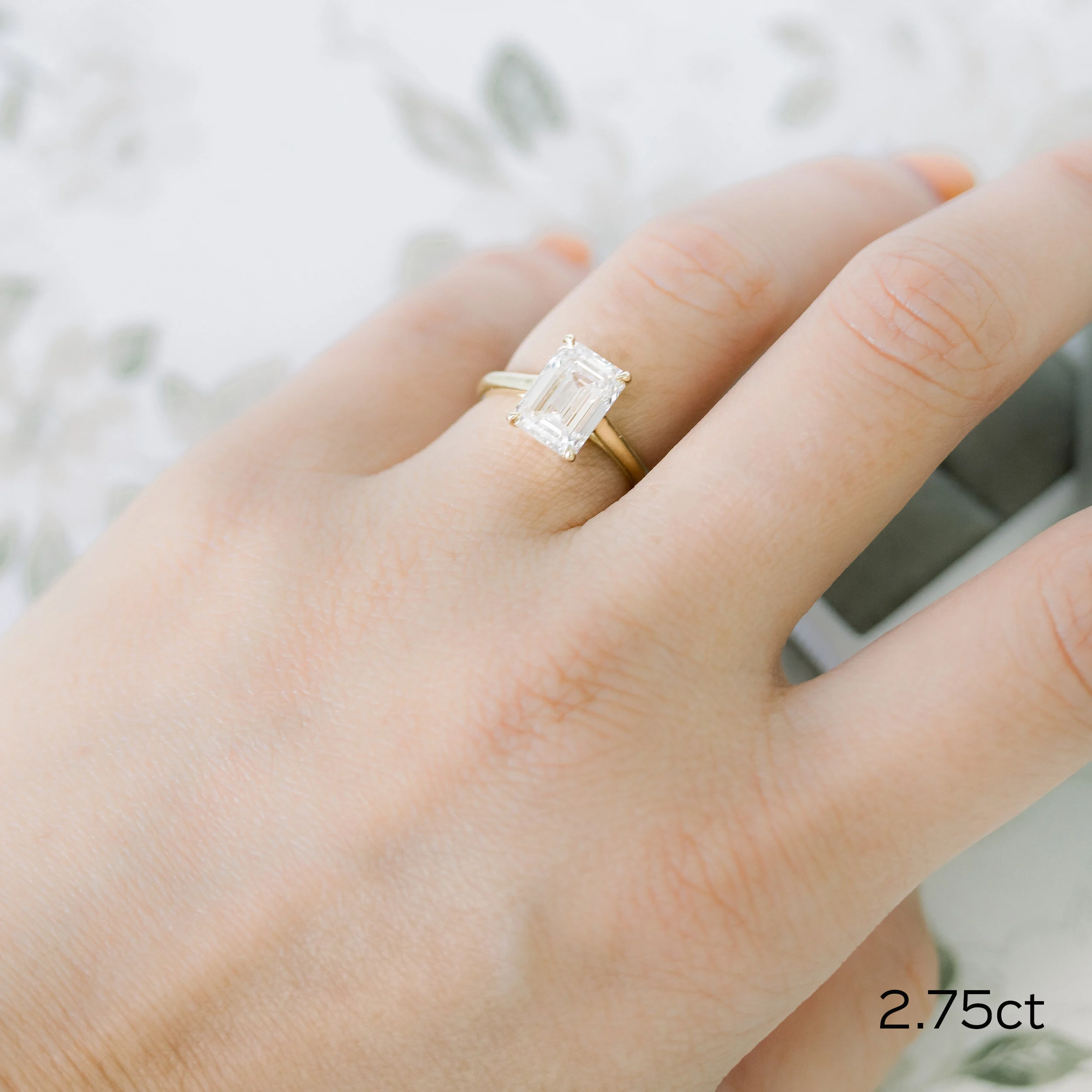 18k Yellow Gold 2.75ct Emerald Cut Lab Diamond Solitaire Engagement Ring Ada Diamonds Design AD-068 on Model