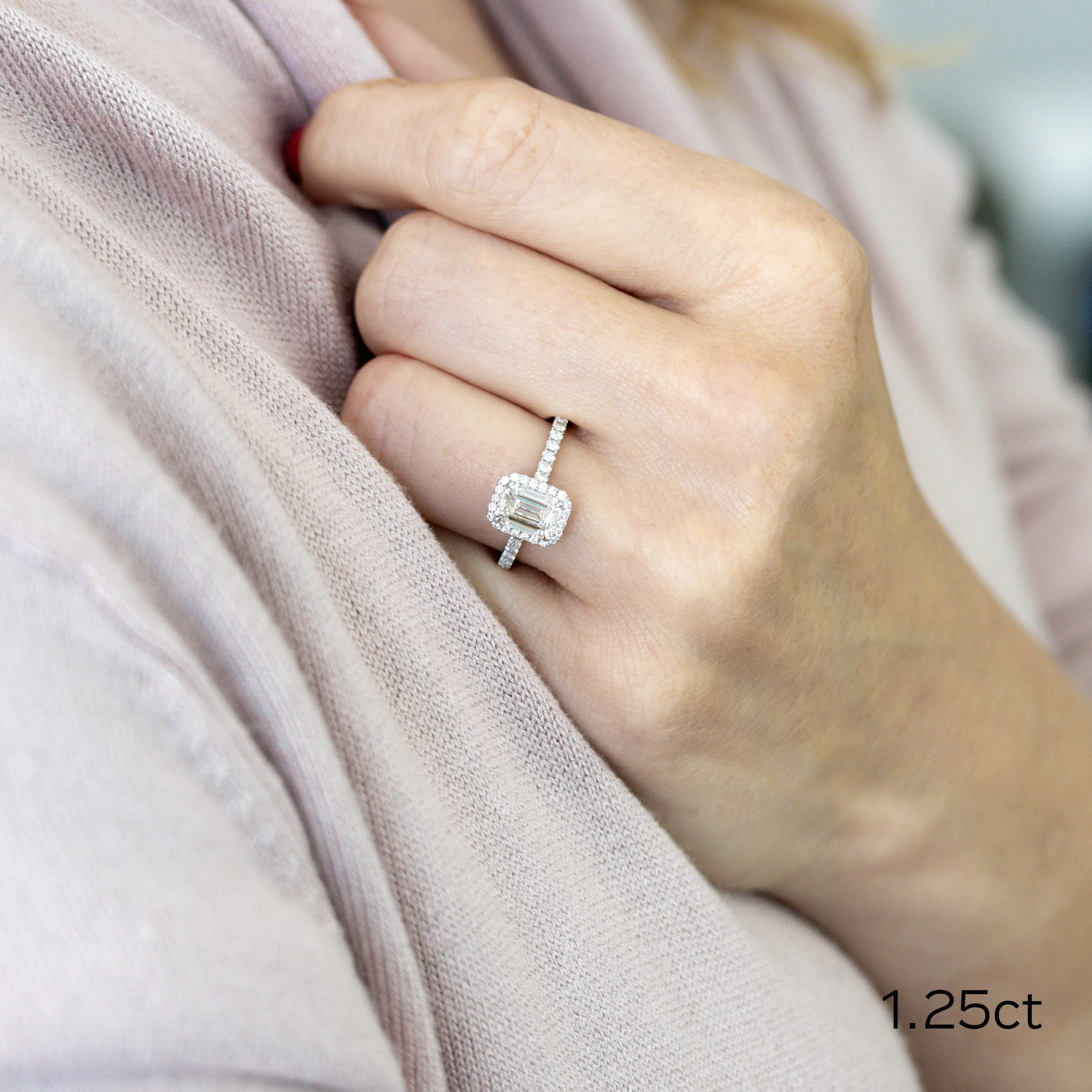 1.25 Carat Created Diamonds set in Platinum Emerald Halo Pavé Diamond Engagement Ring (Main View)