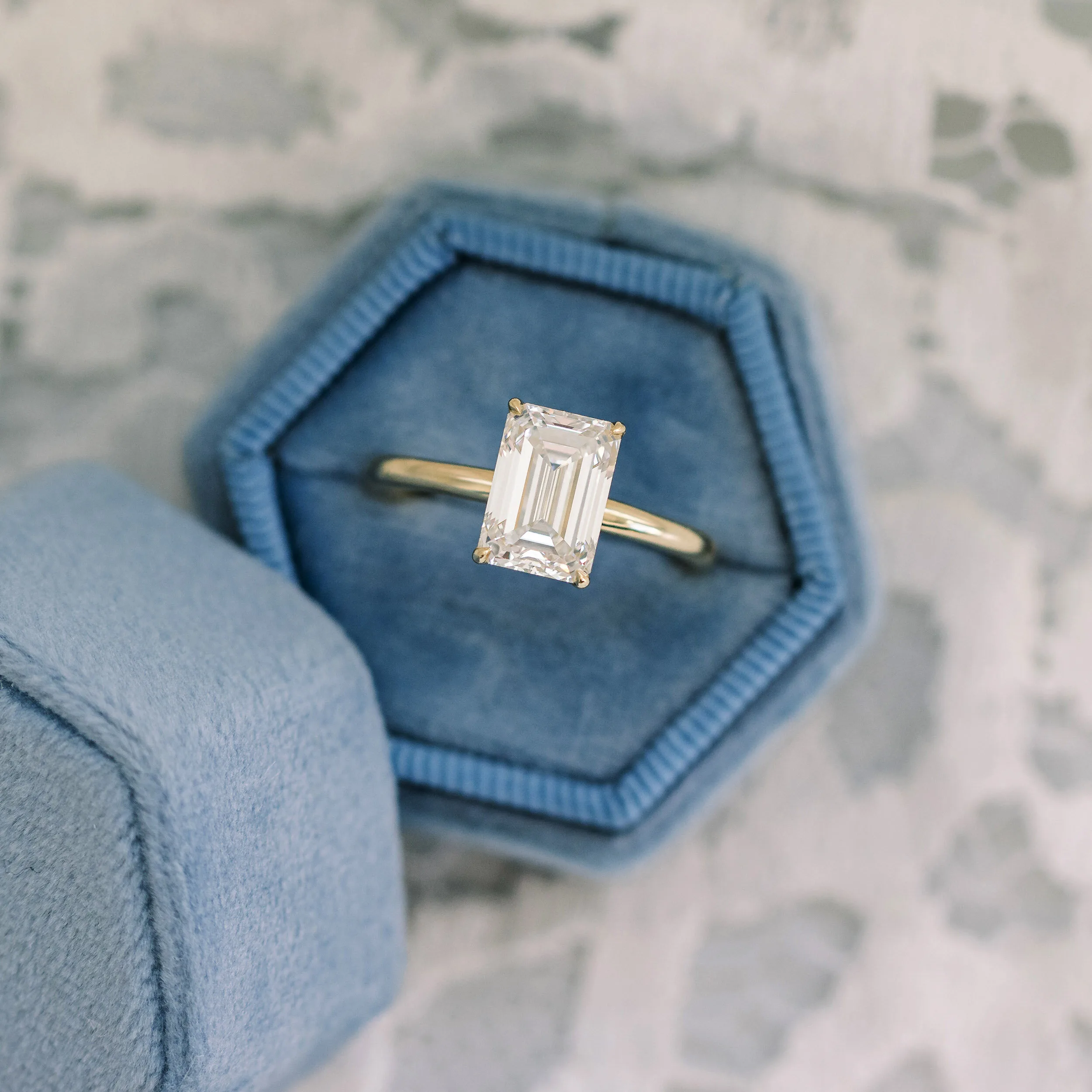 18k Yellow Gold 2.5 Carat Emerald Cut Lab Diamond Solitaire Engagement Ring Ada Diamonds Design AD-235 Artistic Image in Box