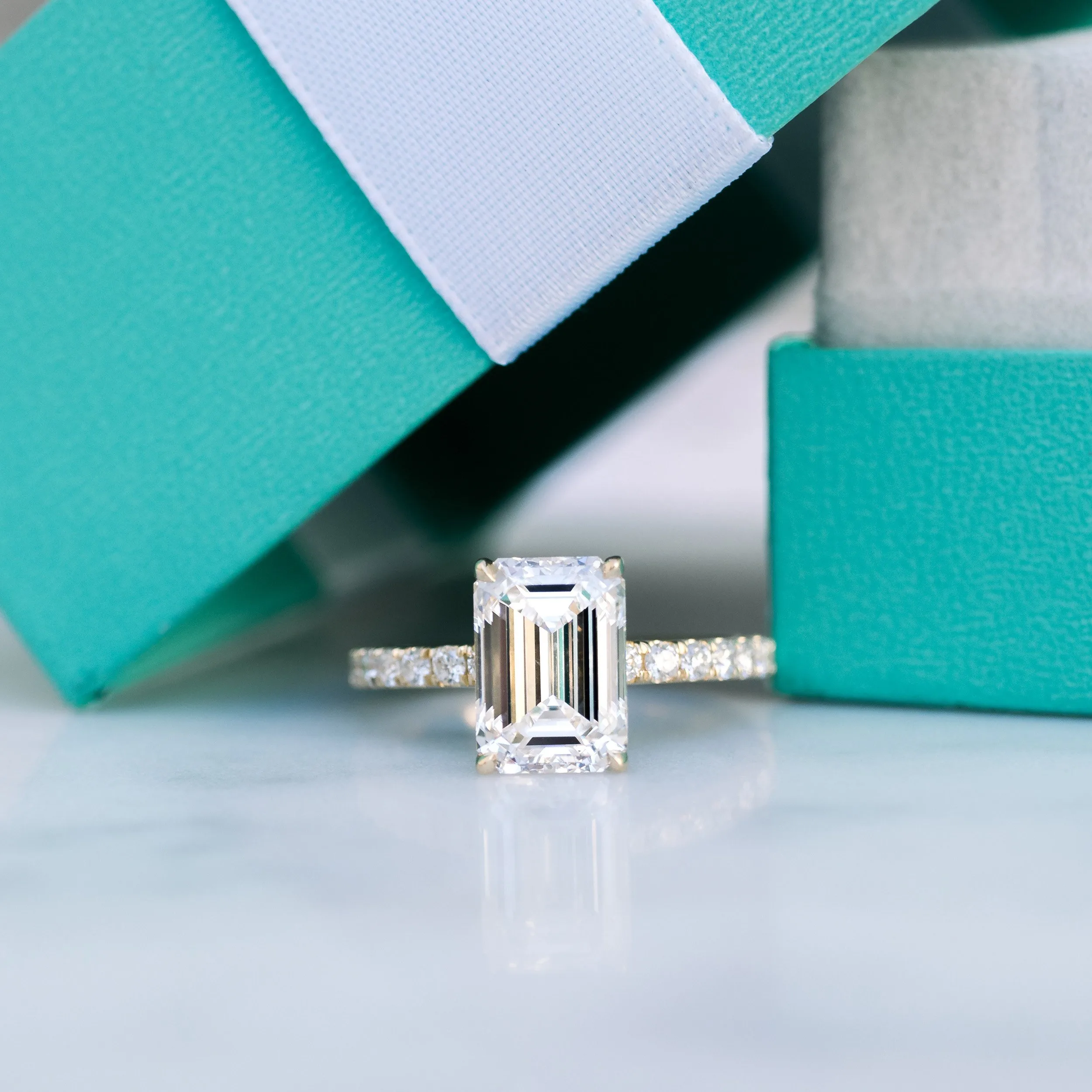 yellow gold 3ct emerald cut lab diamond engagement ring with diamond accented band ada diamonds design ad 152 macro