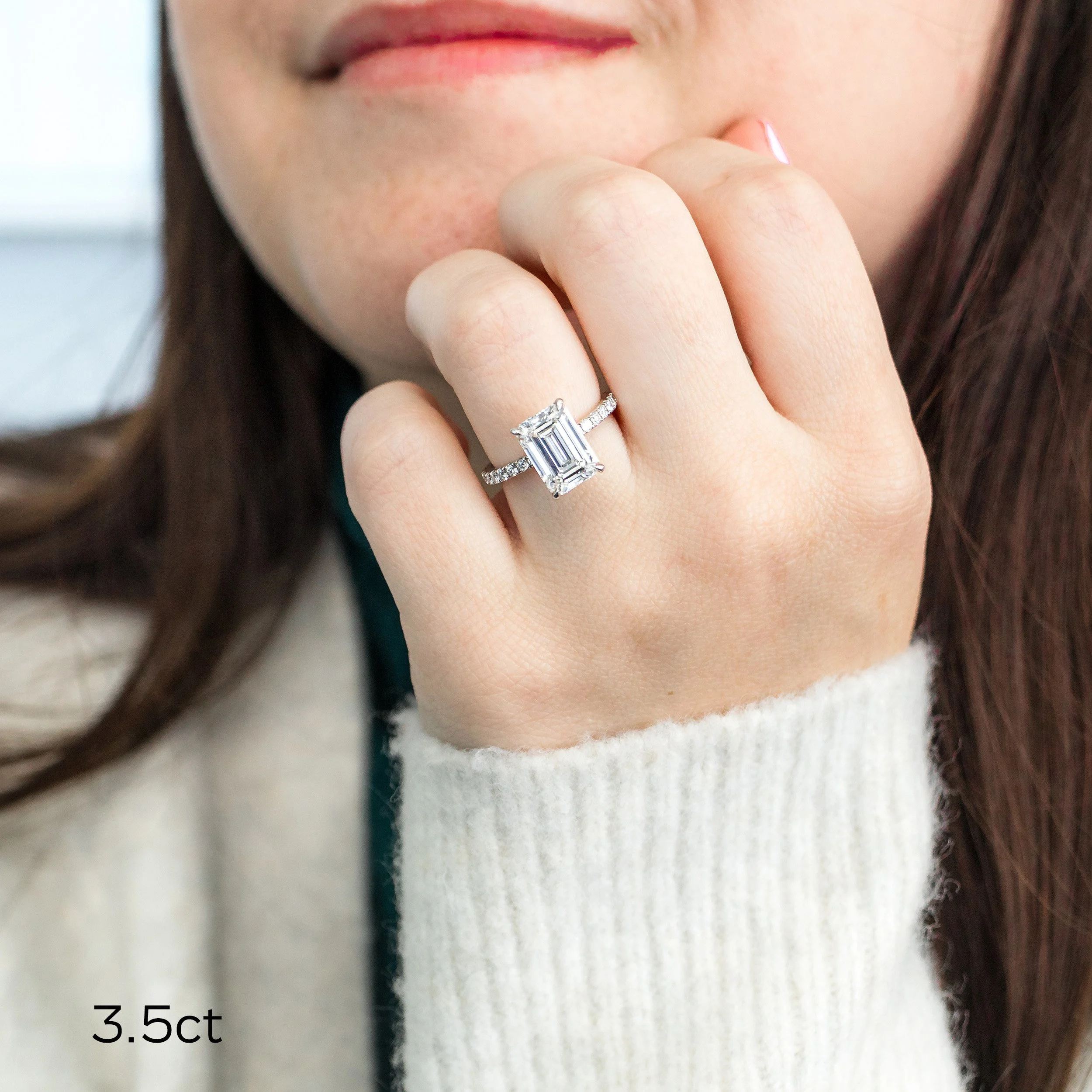 platinum 3.5ct emerald cut lab diamond petite pavé engagement ring ada diamonds design ad 152 on model