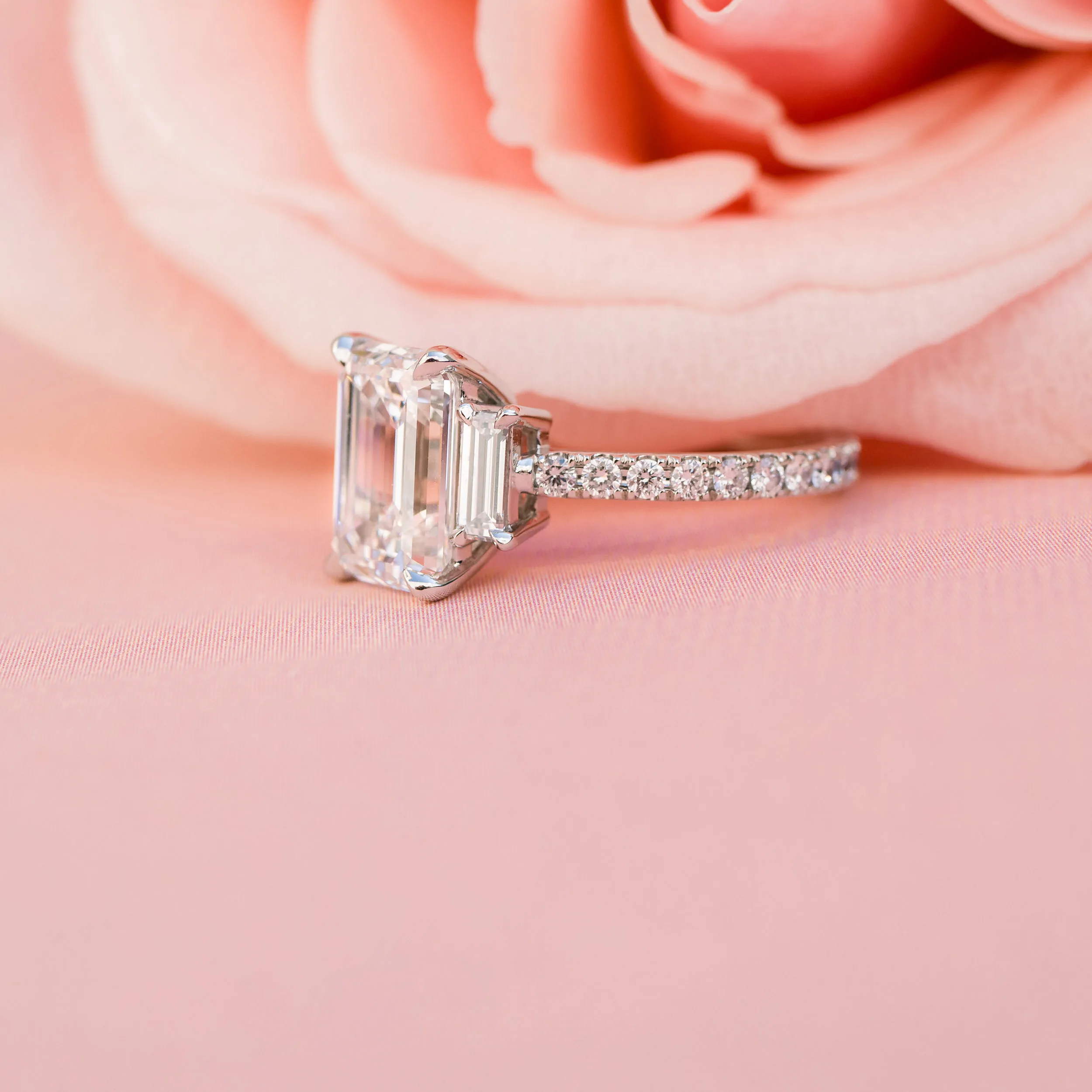 emerald three stone pave lab diamond engagement ring