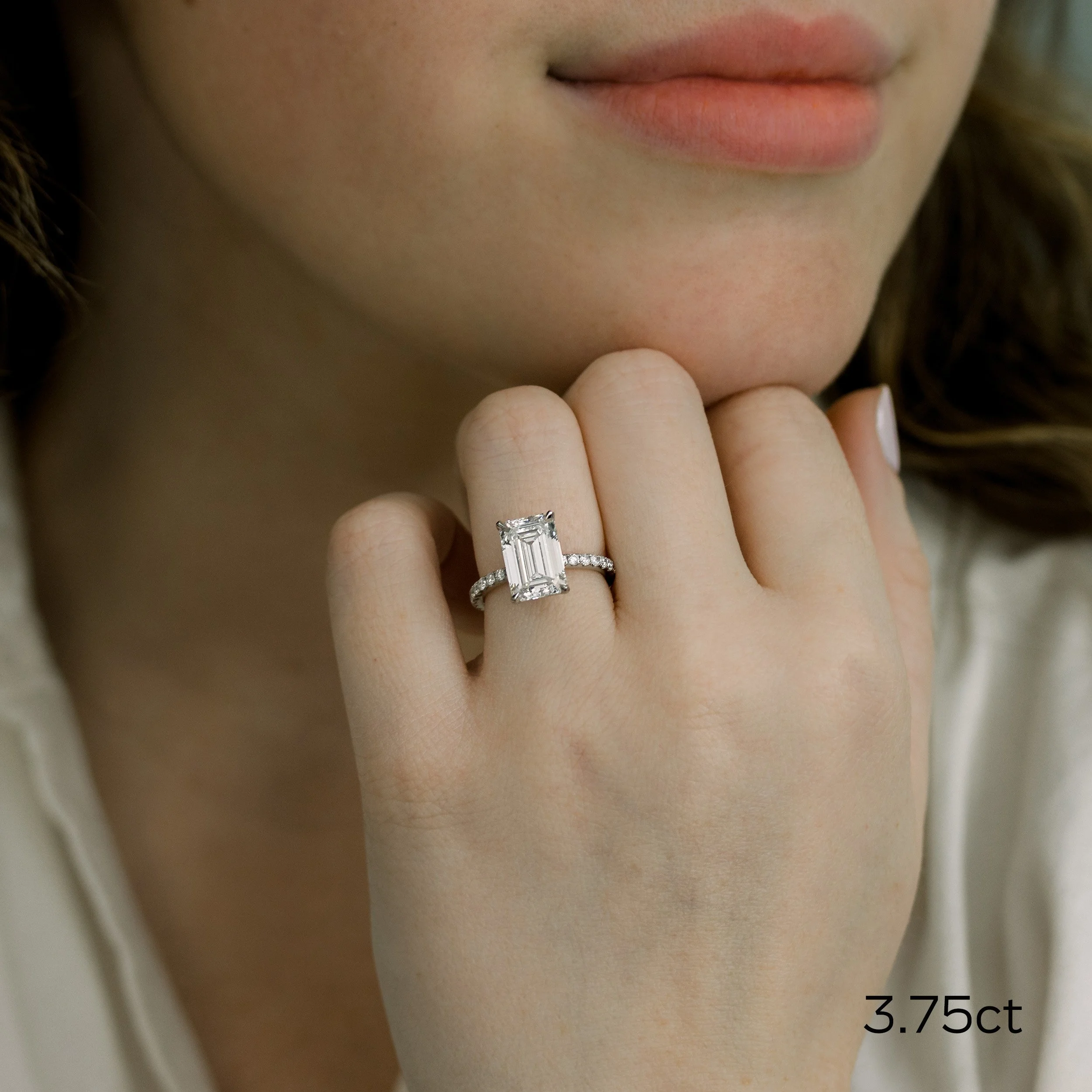 platinum 3.75 ct emerald cut lab diamond petite four prong pavé engagement ring ada diamonds design ad 152