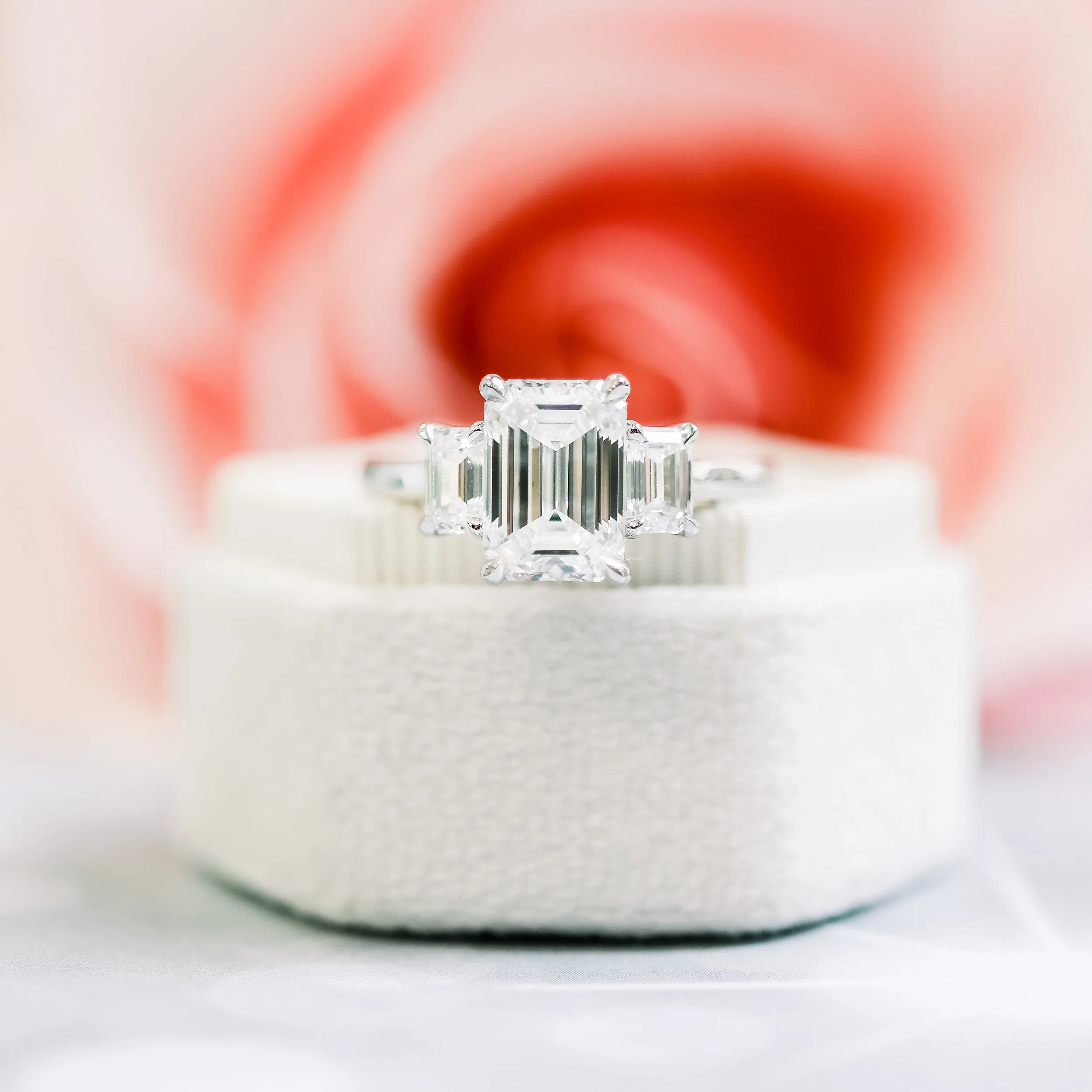 Platinum 3 Carat Emerald Cut Lab Diamond Three Stone Engagement Ring Ada Diamonds Design AD-114 Macro