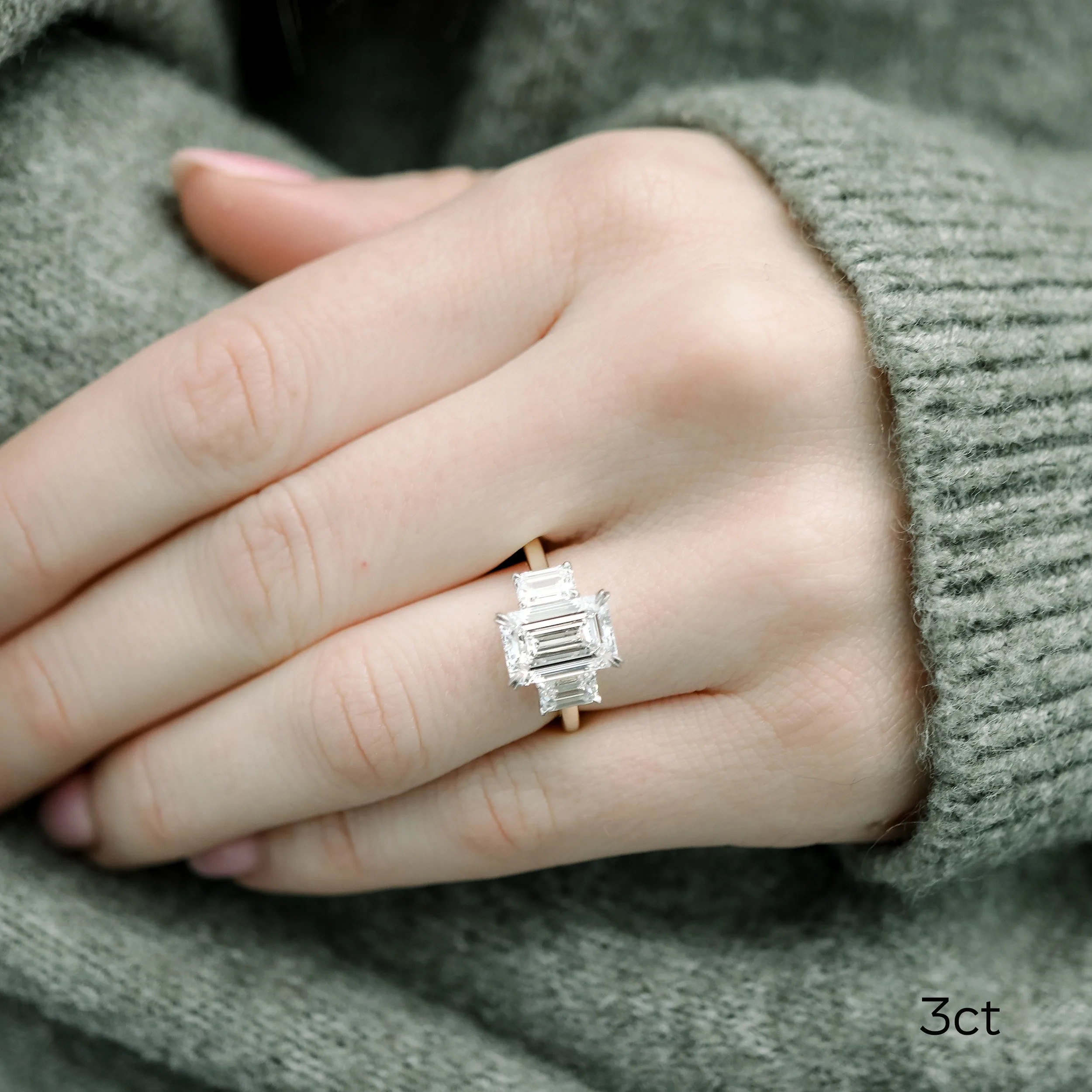 3.5 carat lab grown emerald diamond three stone ring in two tone yellow gold and platinum ada diamonds design ad 114
