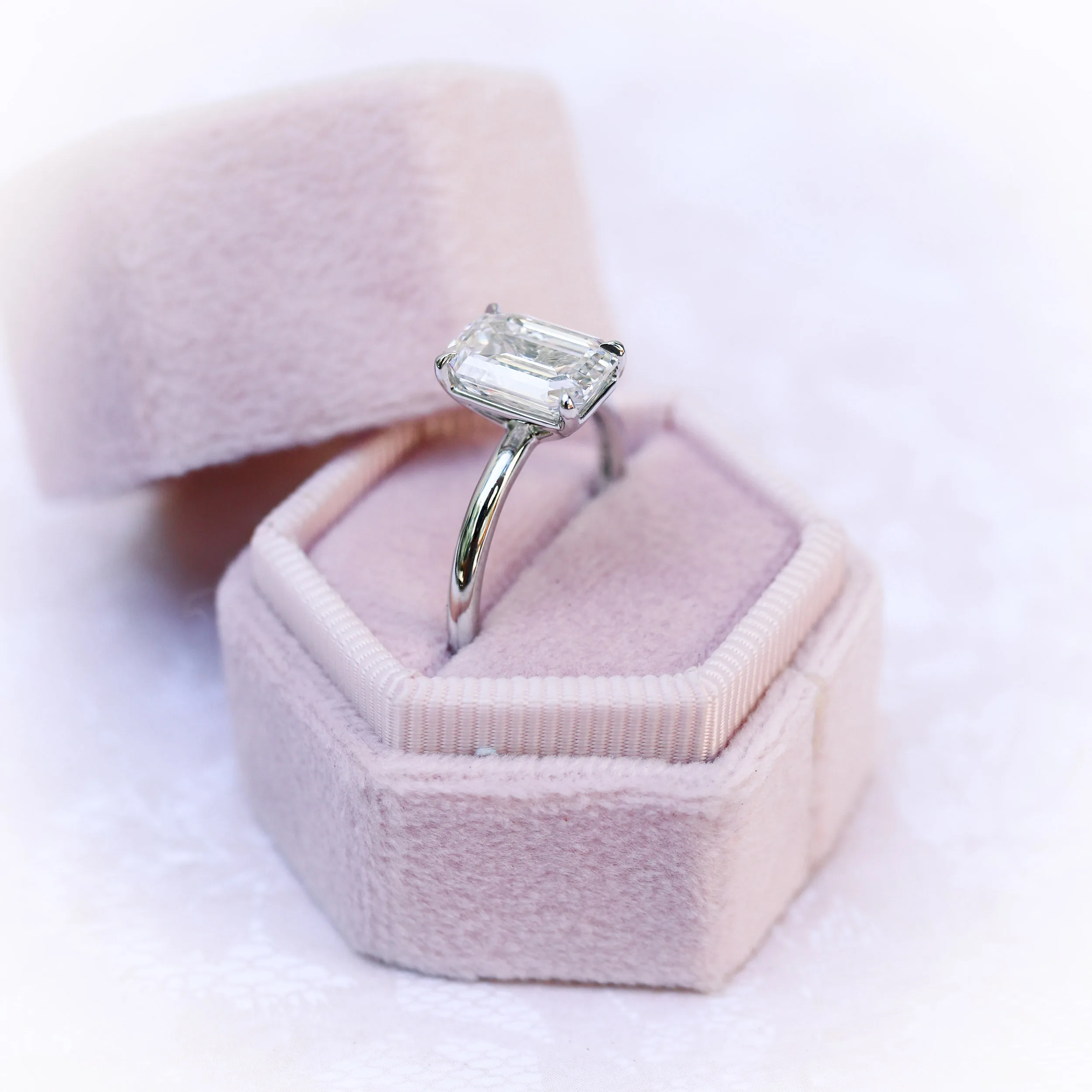 Platinum 2.75 Carat Emerald Cut Solitaire Engagement Ring Featuring Lab Diamonds Ada Diamonds Design Number AD-235 Profile in Box