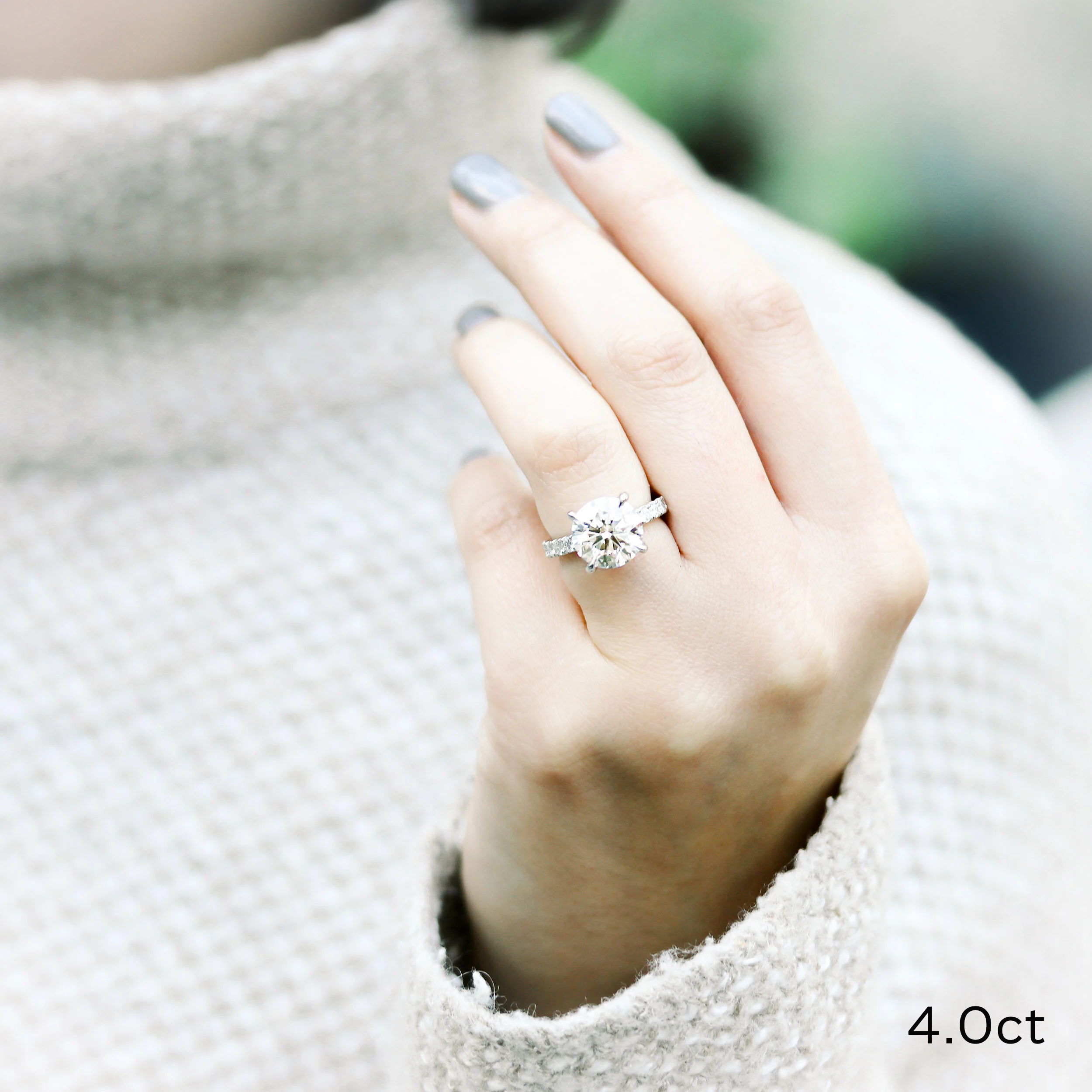 Platinum Four Prong Pavé Engagement Ring with 4 Carat Round Lab Diamond Center Stone Ada Diamonds Design AD149 on Model