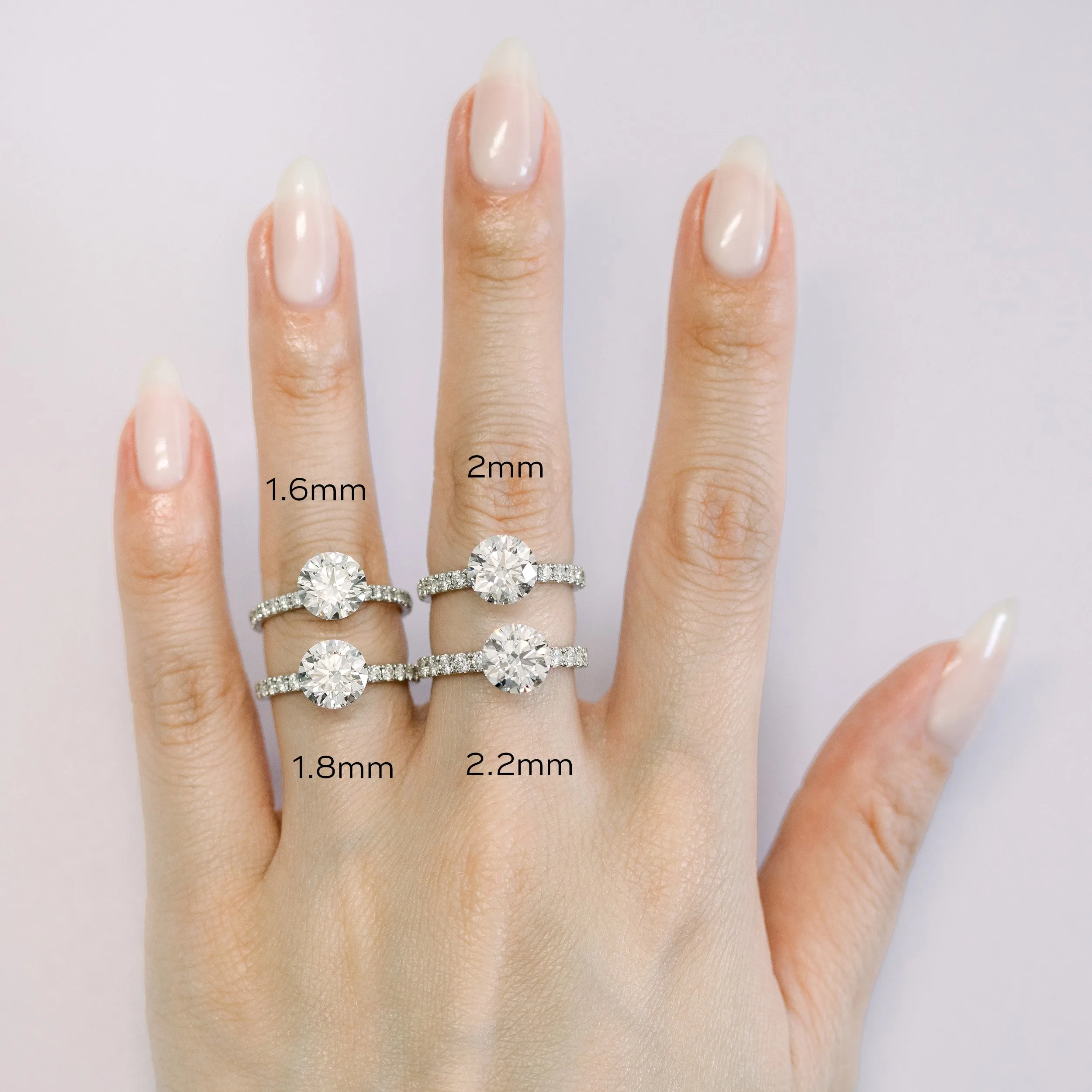 visual shopping guide showing band widths lab diamond engagement rings with pavé bands on model ada diamonds