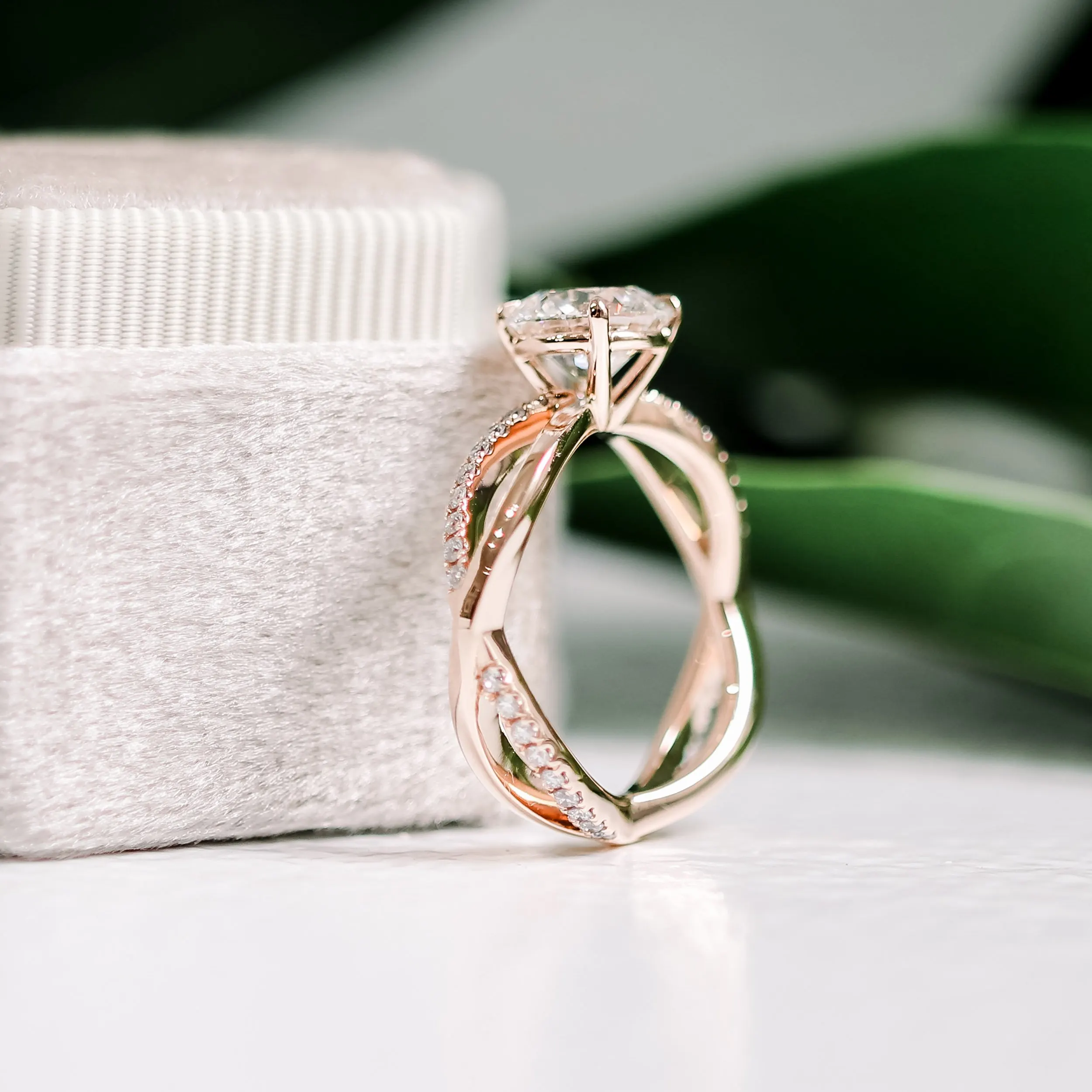 custom rose gold twisted band engagement with man made diamonds
