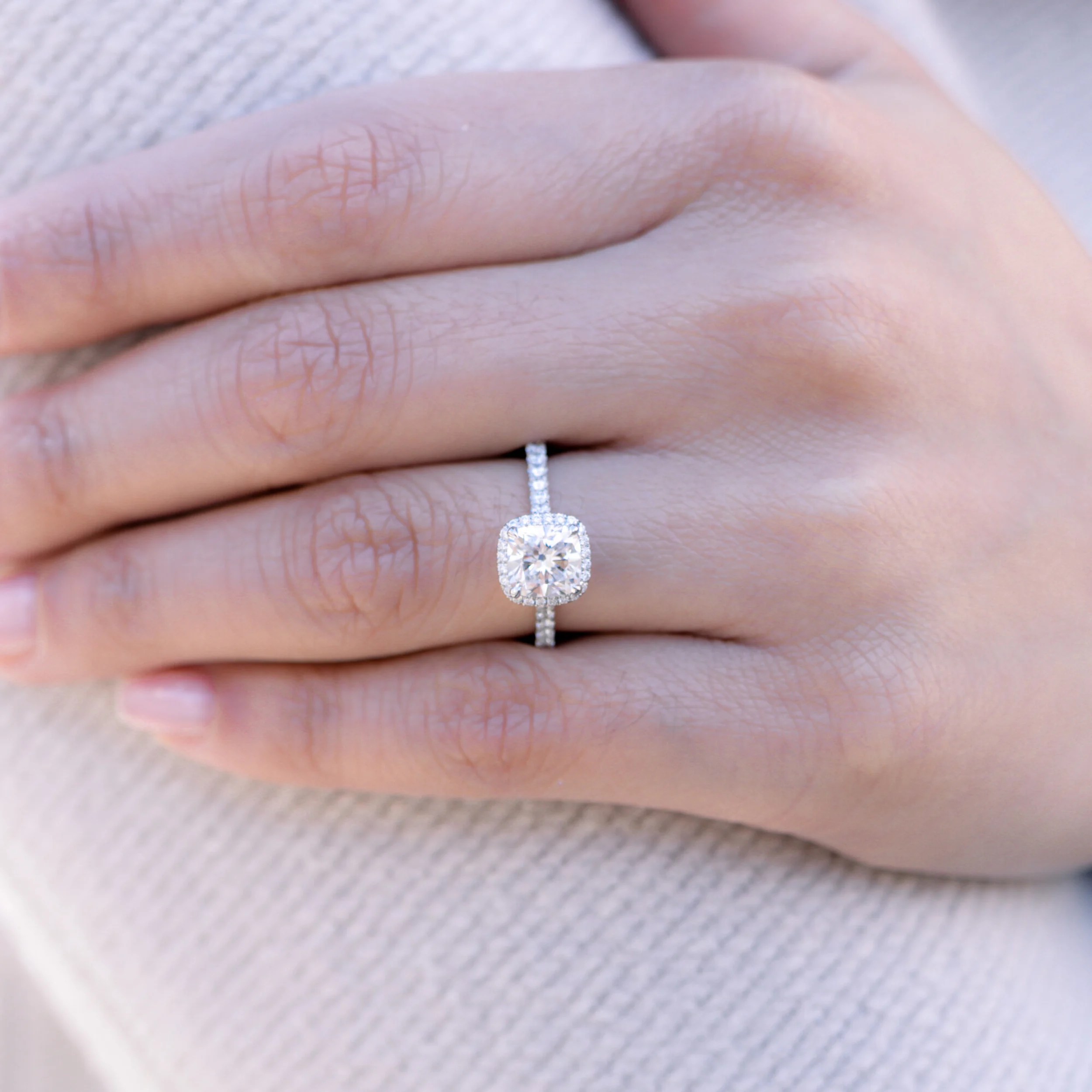 Platinum 1.75 Carat Cushion Halo Engagement Ring with Diamond Band featuring Lab Diamonds Ada Diamonds Design AD-156 on Model