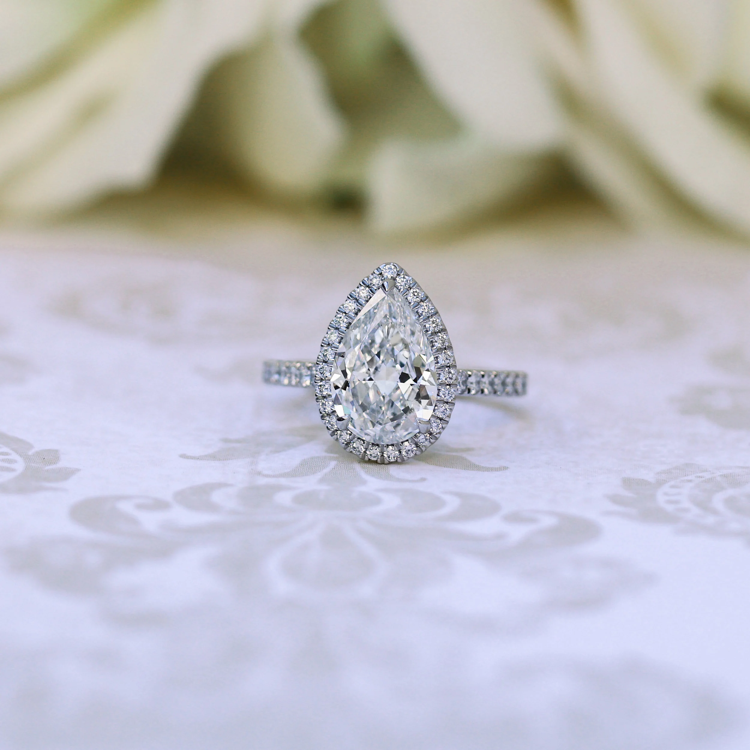 2.5 Carat Pear Halo Lab Diamond Engagement Ring in Platinum Ada Diamonds Design AD-156