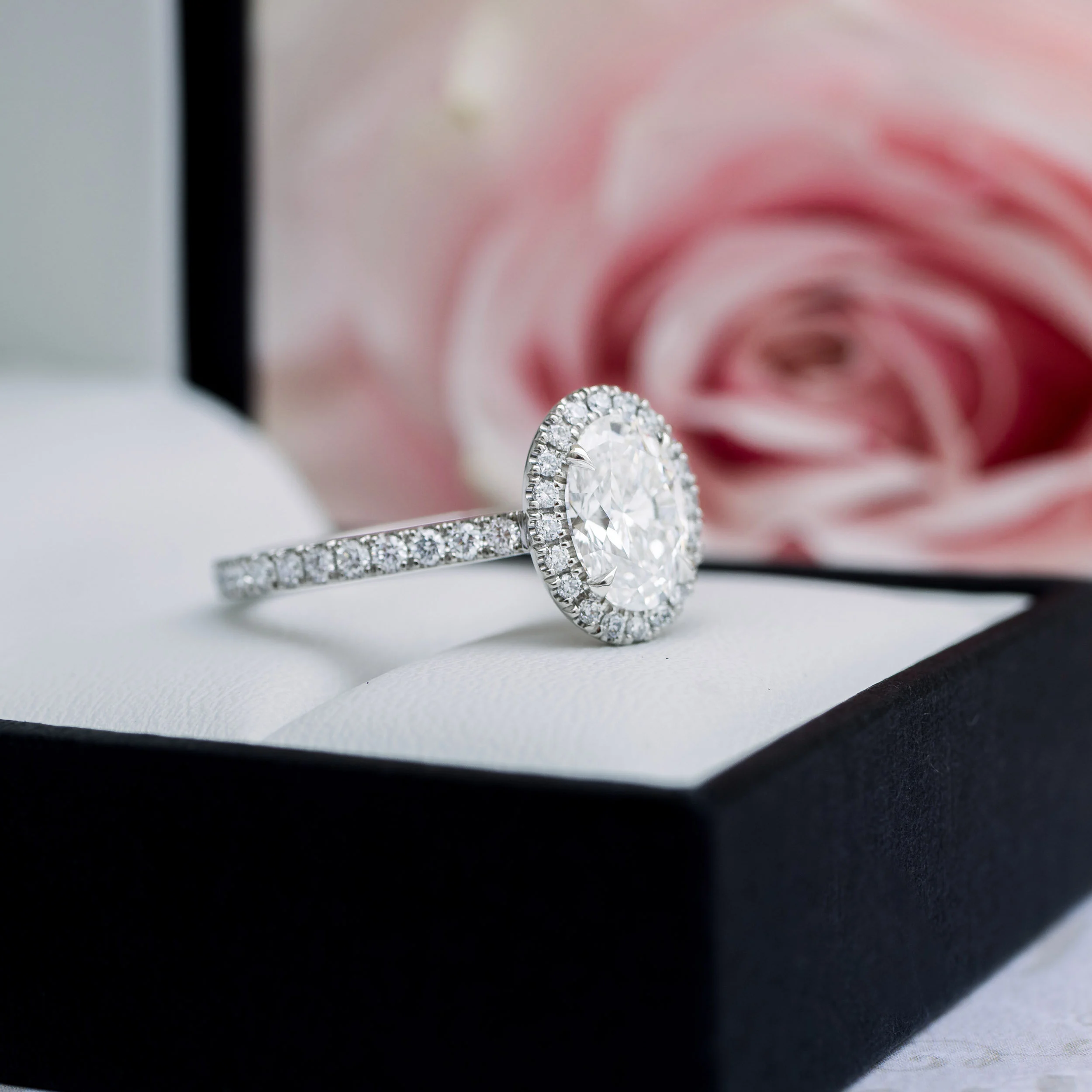 Platinum 2 carat Oval Halo Lab Diamond Engagement Ring with Pavé Band Ada Diamonds Design AD-156 Profile