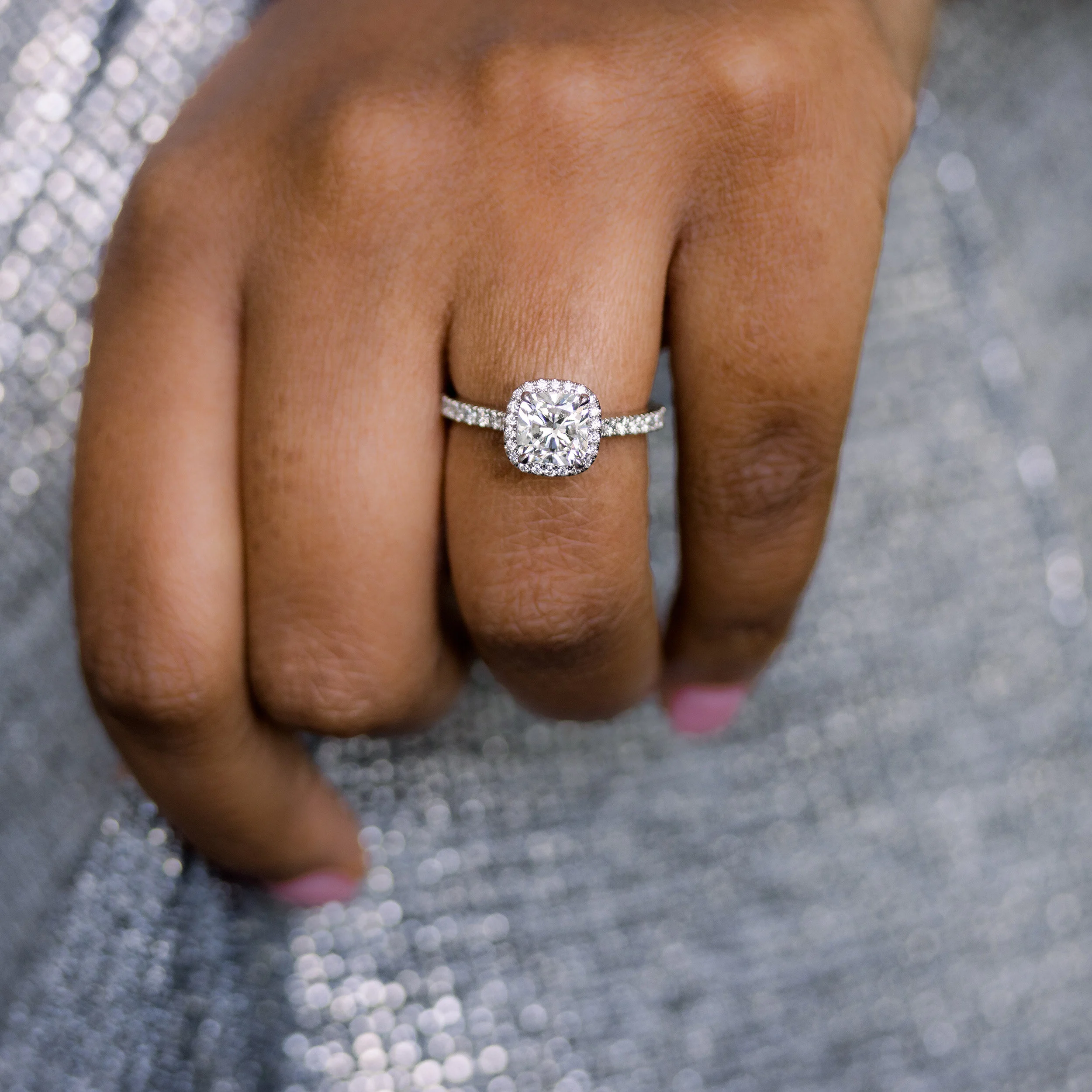 Platinum 2ct Cushion Cut Halo Lab Diamond Engagement Ring Ada Diamonds Design AD-364 on Model