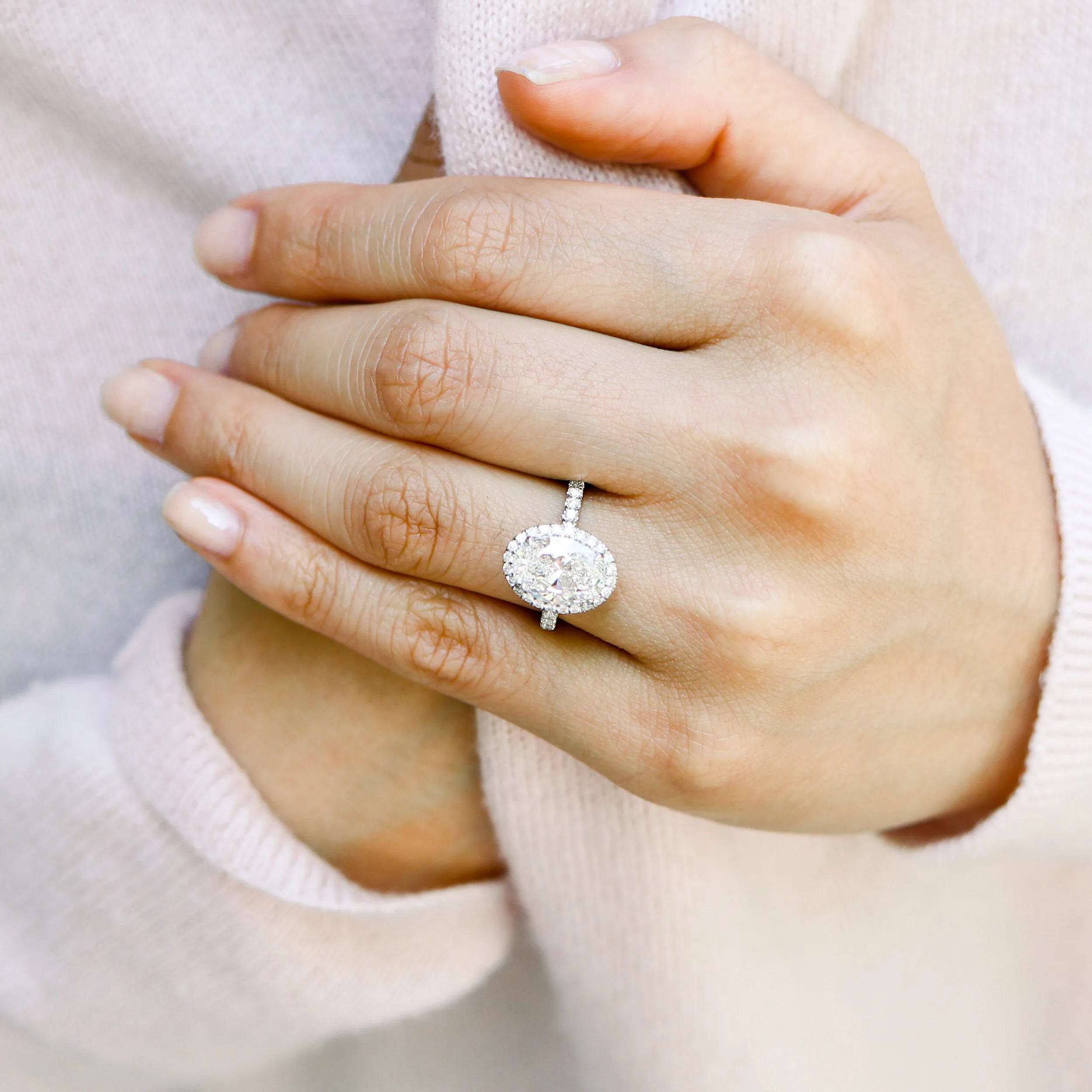 Platinum 3.25 Carat Oval Halo Lab Diamond Engagement Ring with Diamond Band Ada Diamonds Design AD-156 on Model