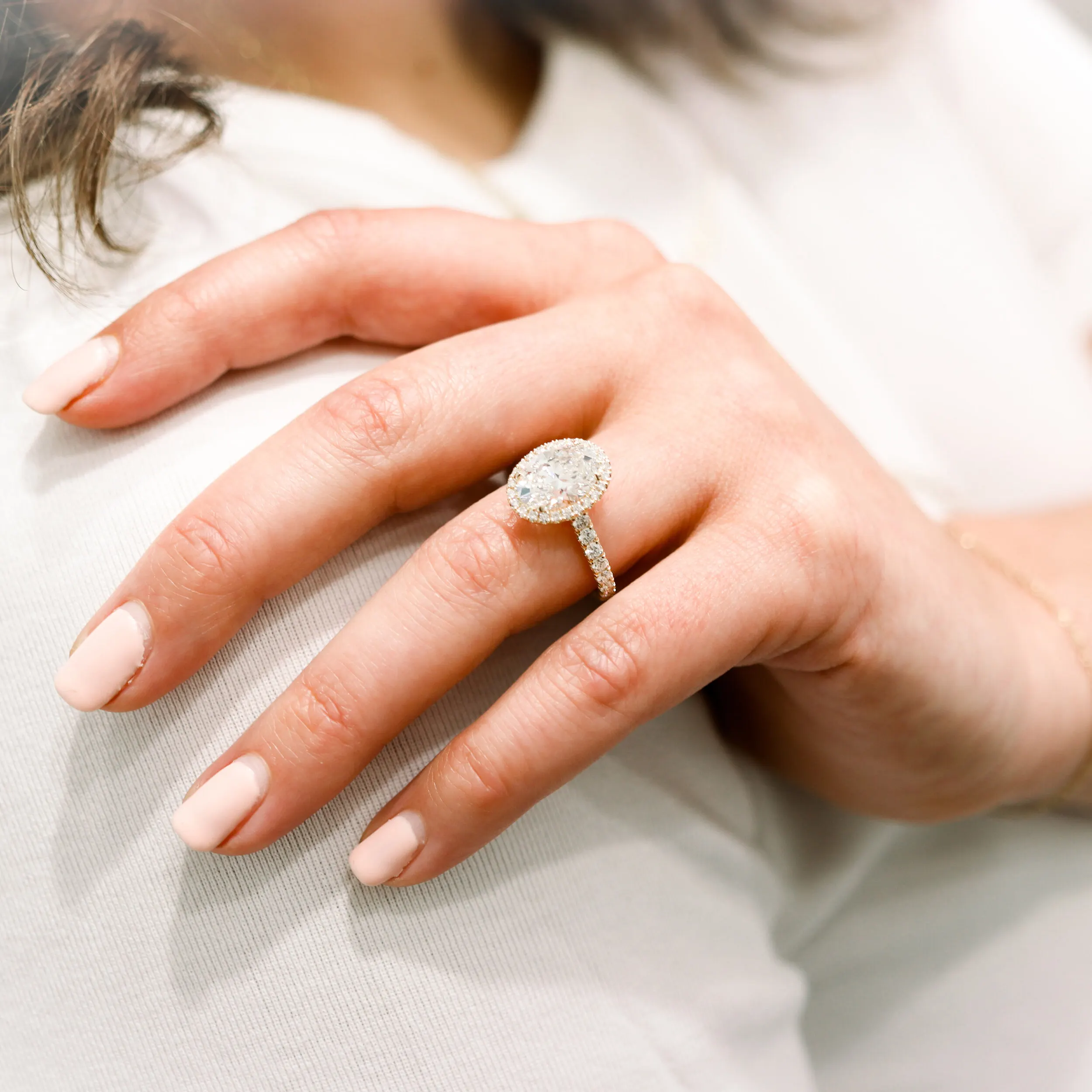 14k Yellow Gold 3.5 Carat Oval Halo Engagement Ring with Lab Diamonds Ada Diamonds Design AD-156 on Model