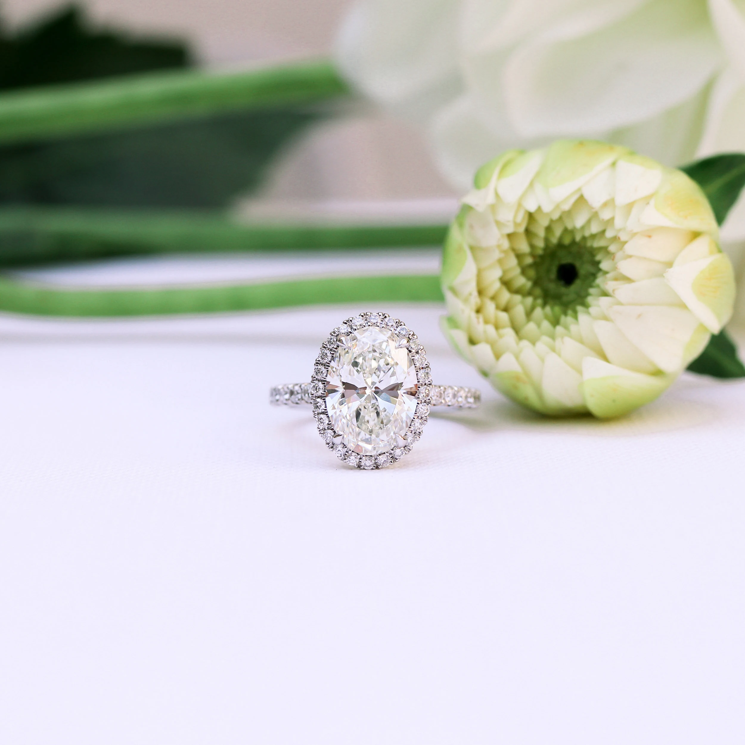 Platinum 3 Carat Oval Halo Lab Diamond Engagement Ring with Diamond Band Ada Diamonds Design Number 156 Artistic Image