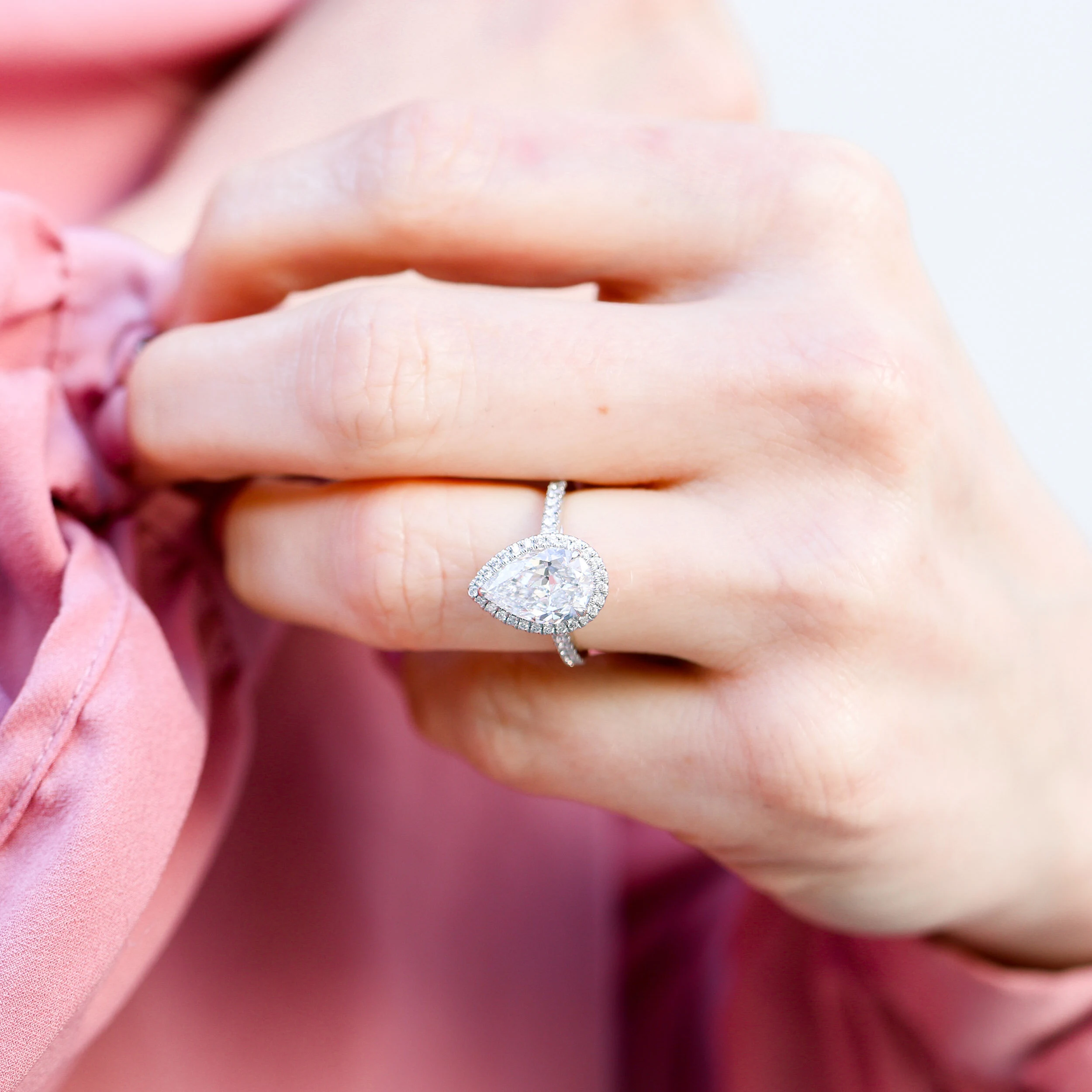 2.5 Carat Pear Halo Lab Diamond Engagement Ring in Platinum on Model Ada Diamonds Design AD-156
