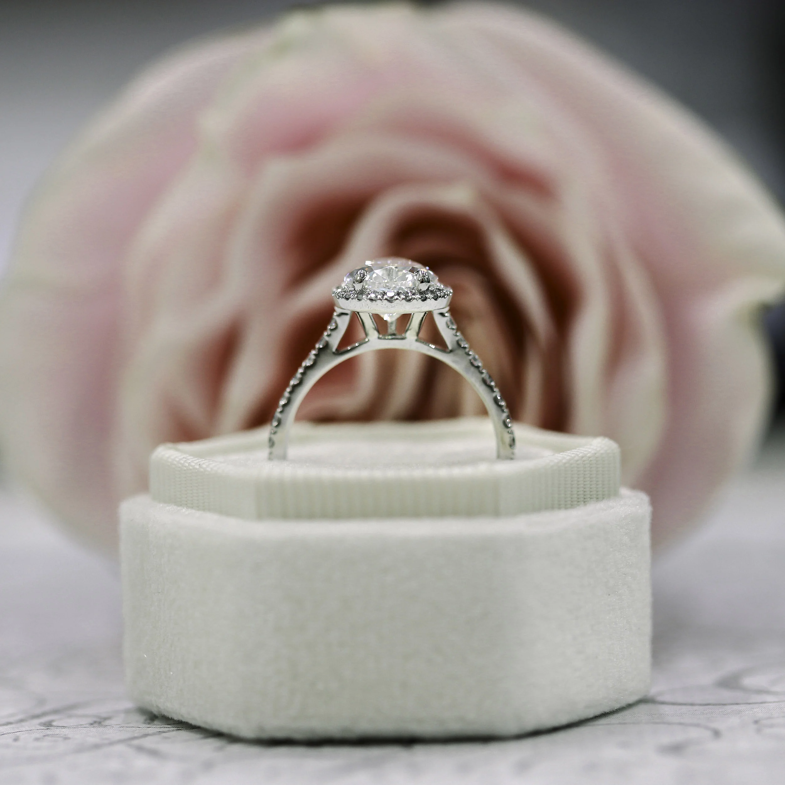 Platinum 2.75 Carat Pear Halo Engagement Ring featuring Man Made Diamonds Ada Diamonds Design Number AD-156 Profile View
