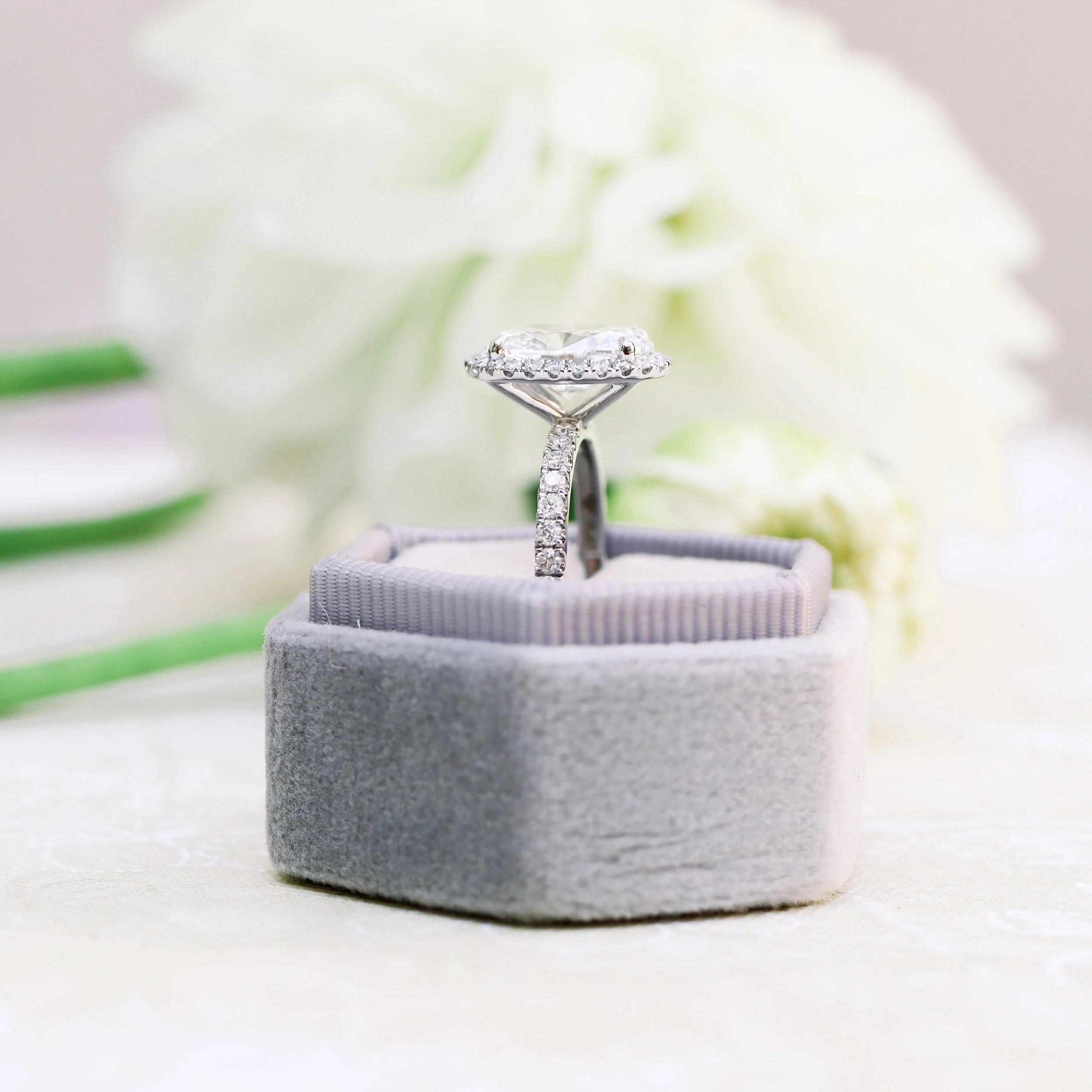 Platinum Three Carat Oval Halo Engagement Ring Made With Lab Diamonds Ada Diamonds Design Number 156 Profile View