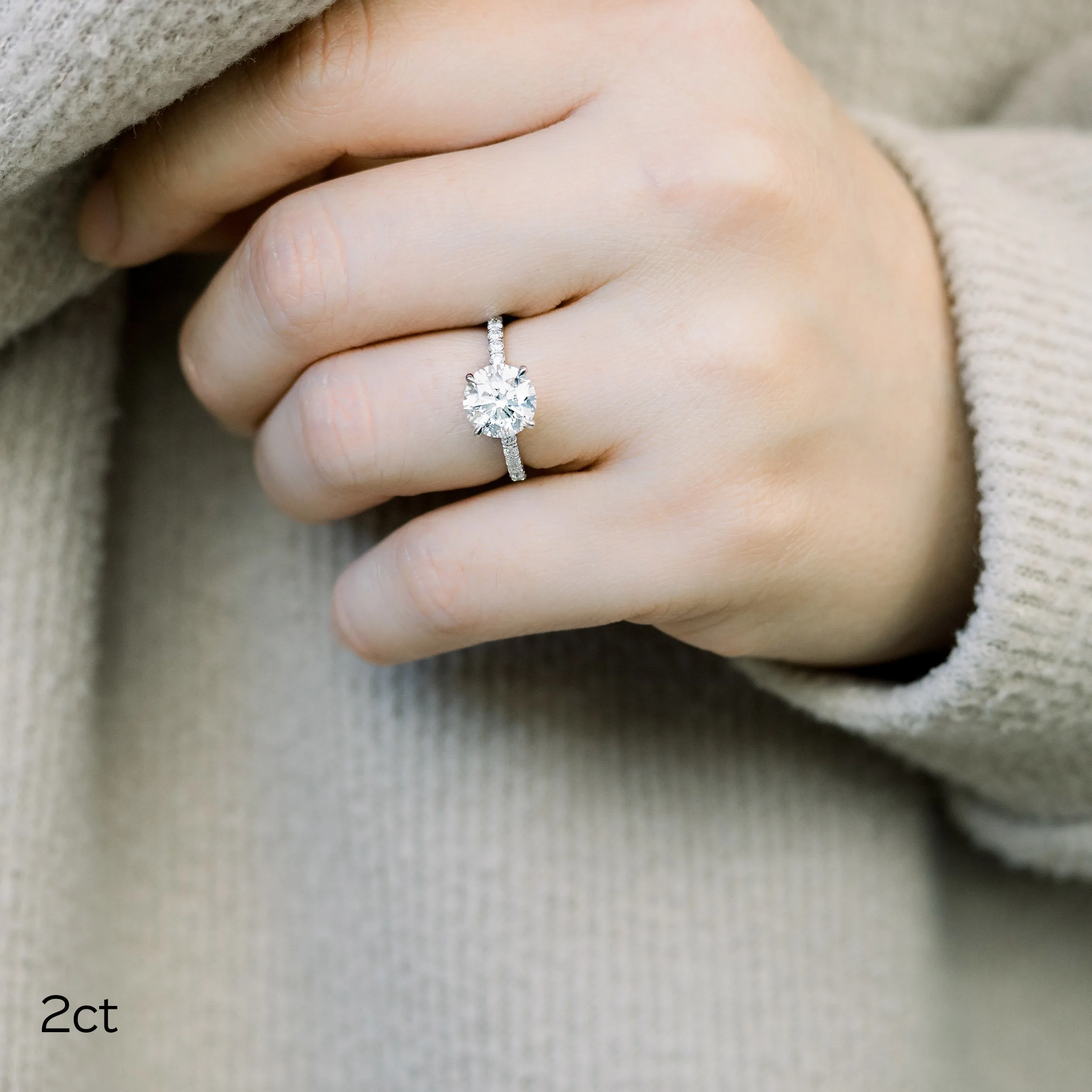2ct round lab diamond in petite pave engagement ring